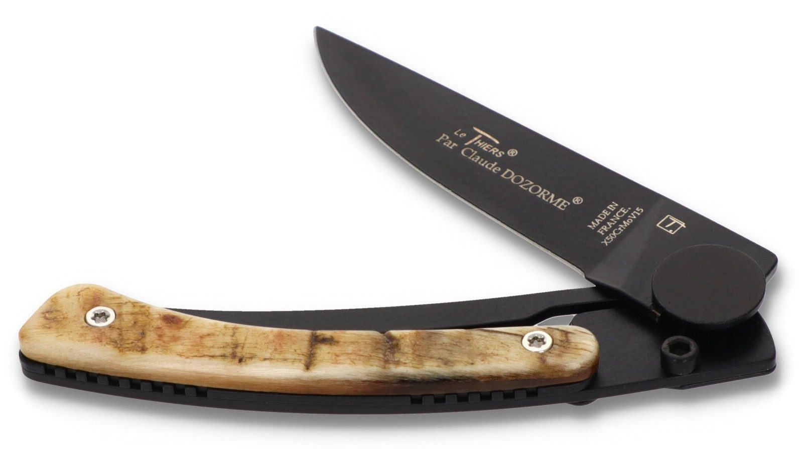 Claude Dozorme Taschenmesser 1.90.142.37N belier blonde, Le Thiers - Griff 10,5 cm Widderhorn - Liner Lock - Klinge schwarz