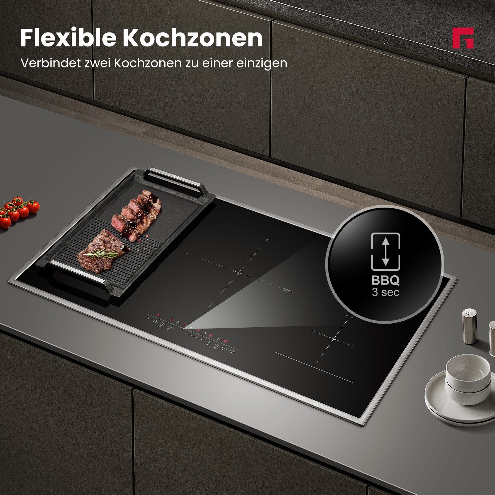 GASLAND Induktions-Kochfeld 5 Zonen Induktionskochfelder mit Edelstahlrahmen, FlexInduction für BBQ, PowerBoost schnelleres Kochen, 10000W (Ohne Bratpfanne)