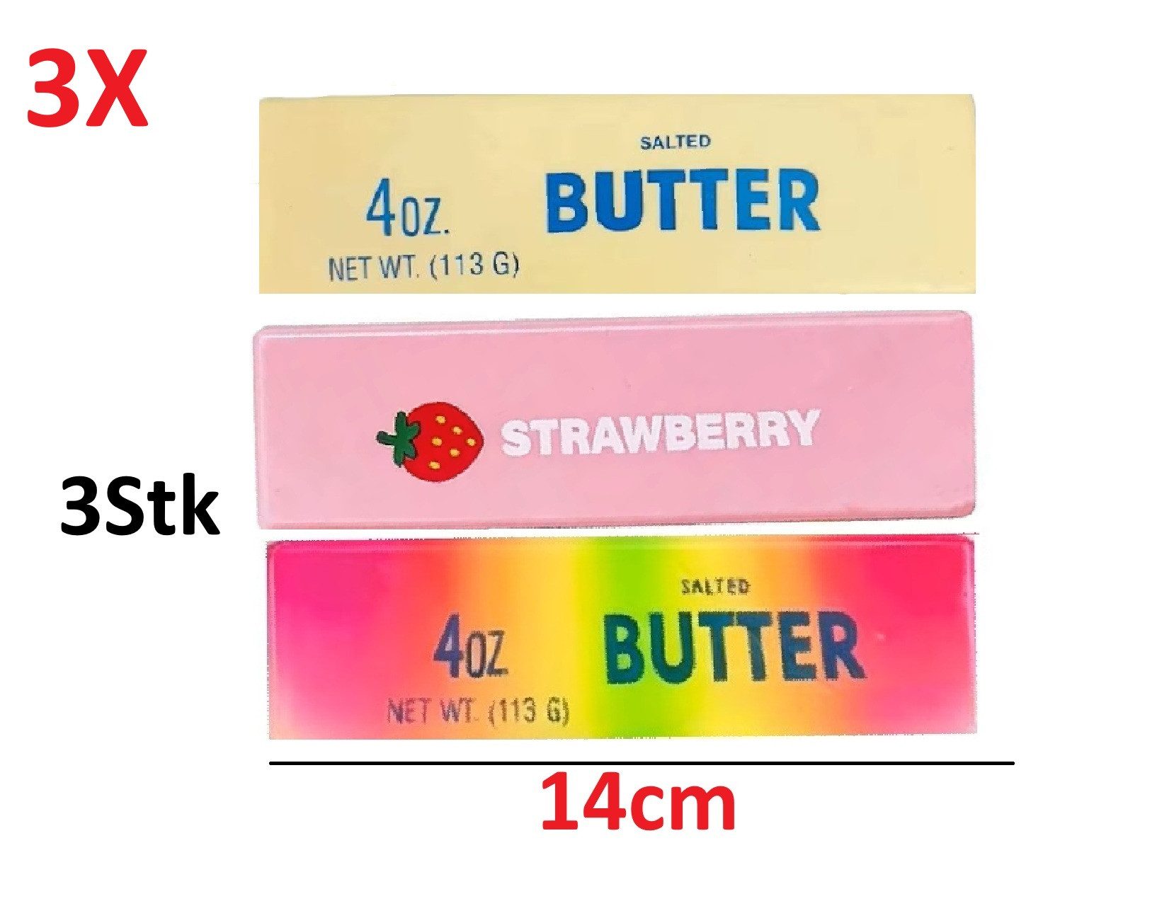 OLi Therapieknete 3X Verschiedene Farben Squishy Butter – Weiche dehnbare Knetmasse (weicher Slow Rising Squishy im lustigen Butter-Design, 3-tlg., L-13,3cm / B-3,5cm), Anti-Stress, Spielspaß für Kinder & Erwachsene