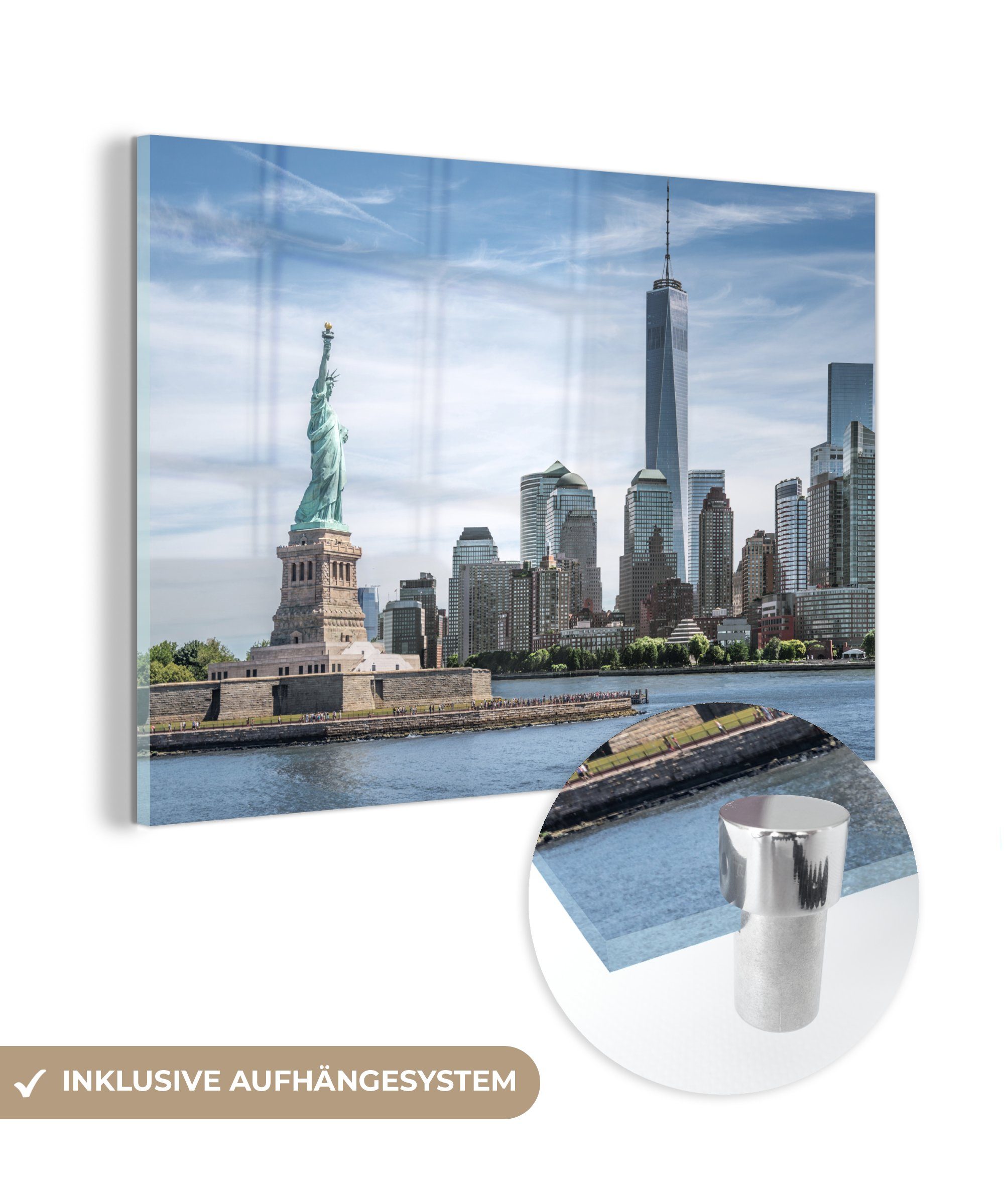 MuchoWow Acrylglasbild New York - Freiheitsstatue - Wasser, (1 St), Acrylglasbilder Wohnzimmer & Schlafzimmer