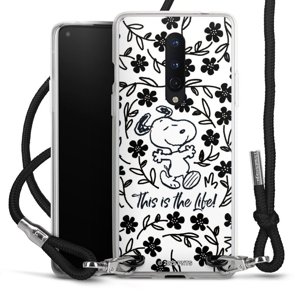 DeinDesign Handyhülle Peanuts Blumen Snoopy Snoopy Black and White This Is The Life, OnePlus 8 Handykette Hülle mit Band Case zum Umhängen Cover mit Kette