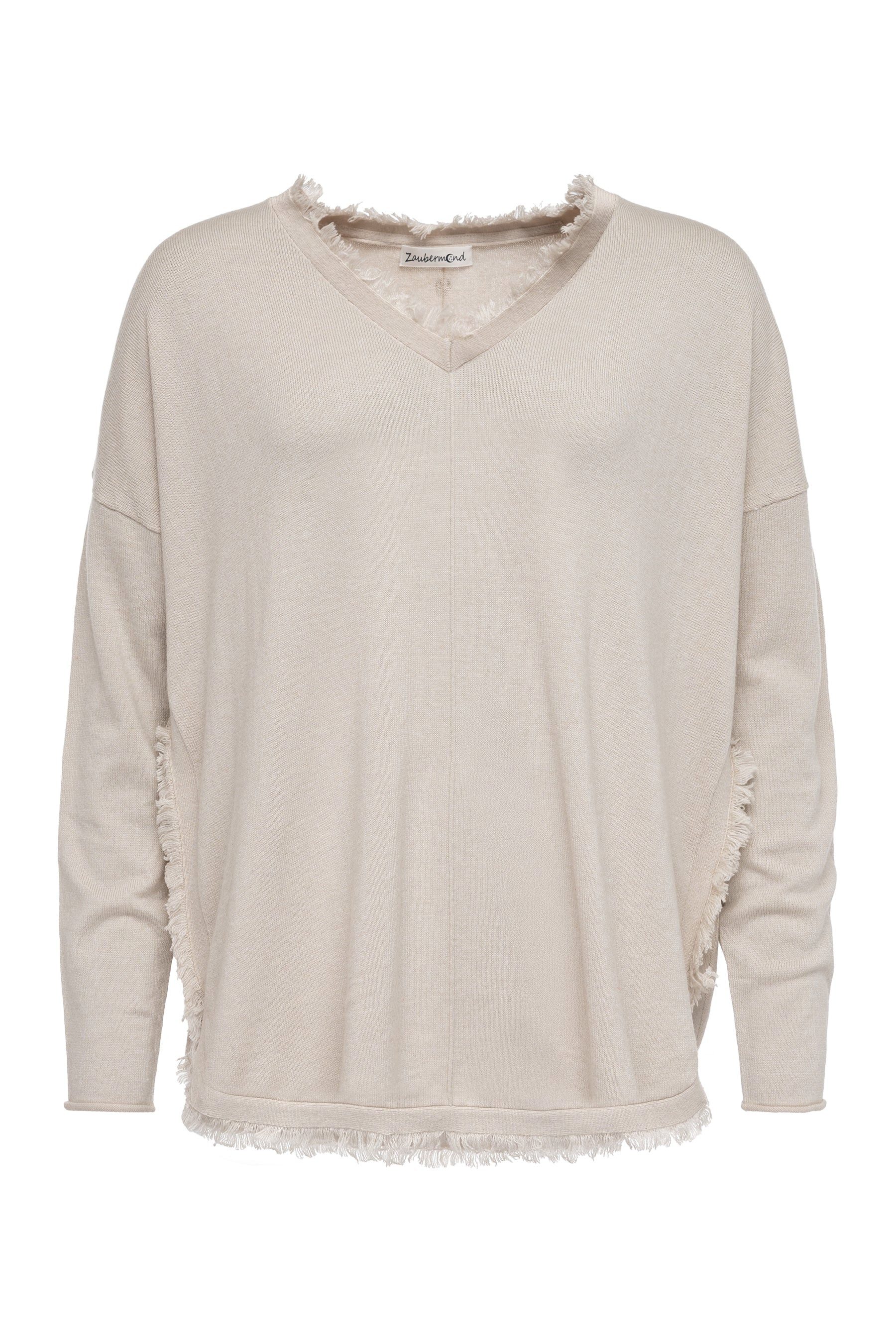 Zaubermond Strickpullover Damen Lockerer Boho Pullover mit V-Ausschnitt & Fransen Beige