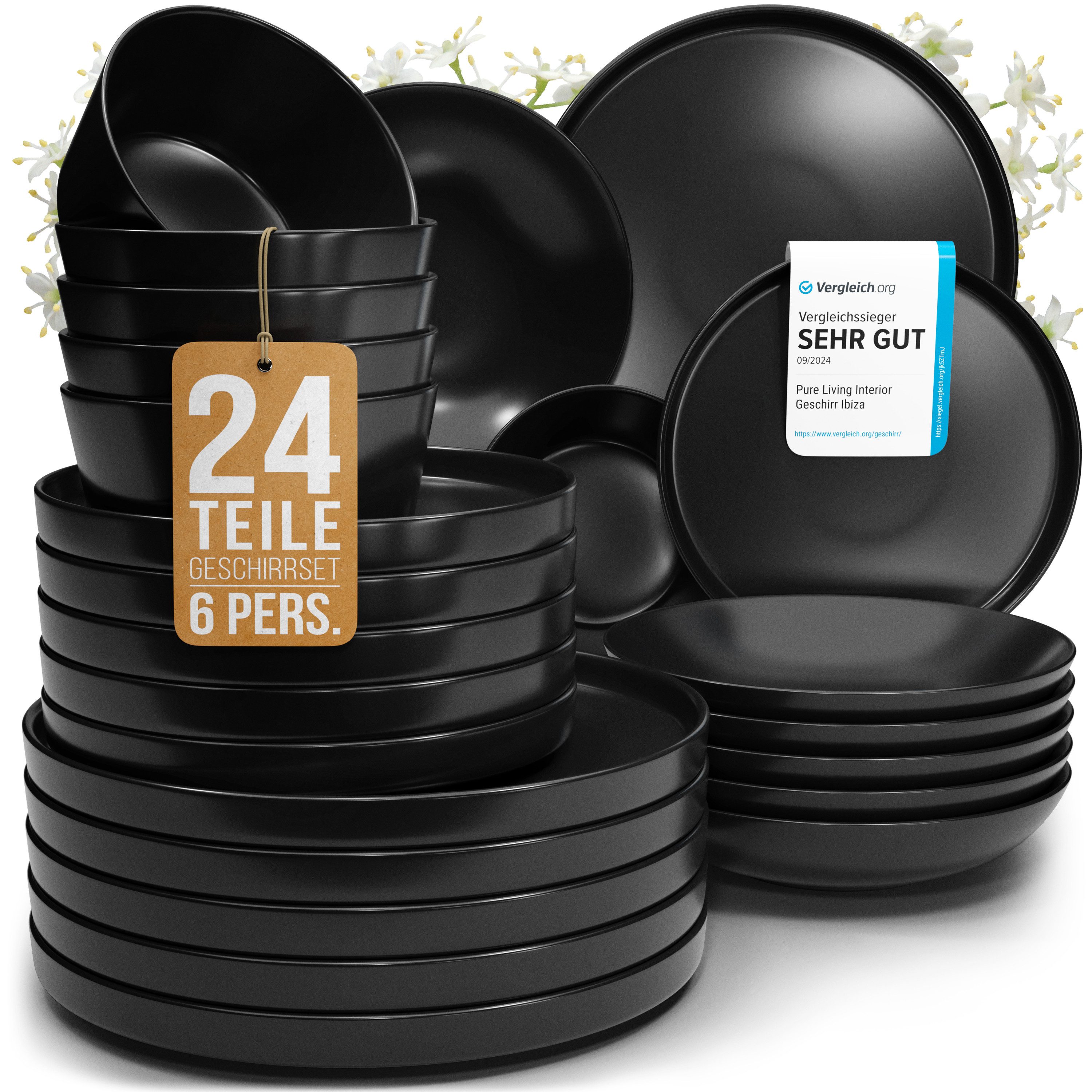 PURE LIVING INTERIOR DESIGN Geschirr-Set Manhattan aus Steingut, 24-tlg., für 6 Personen, Schwarz (24-tlg), 6 Personen, Steingut