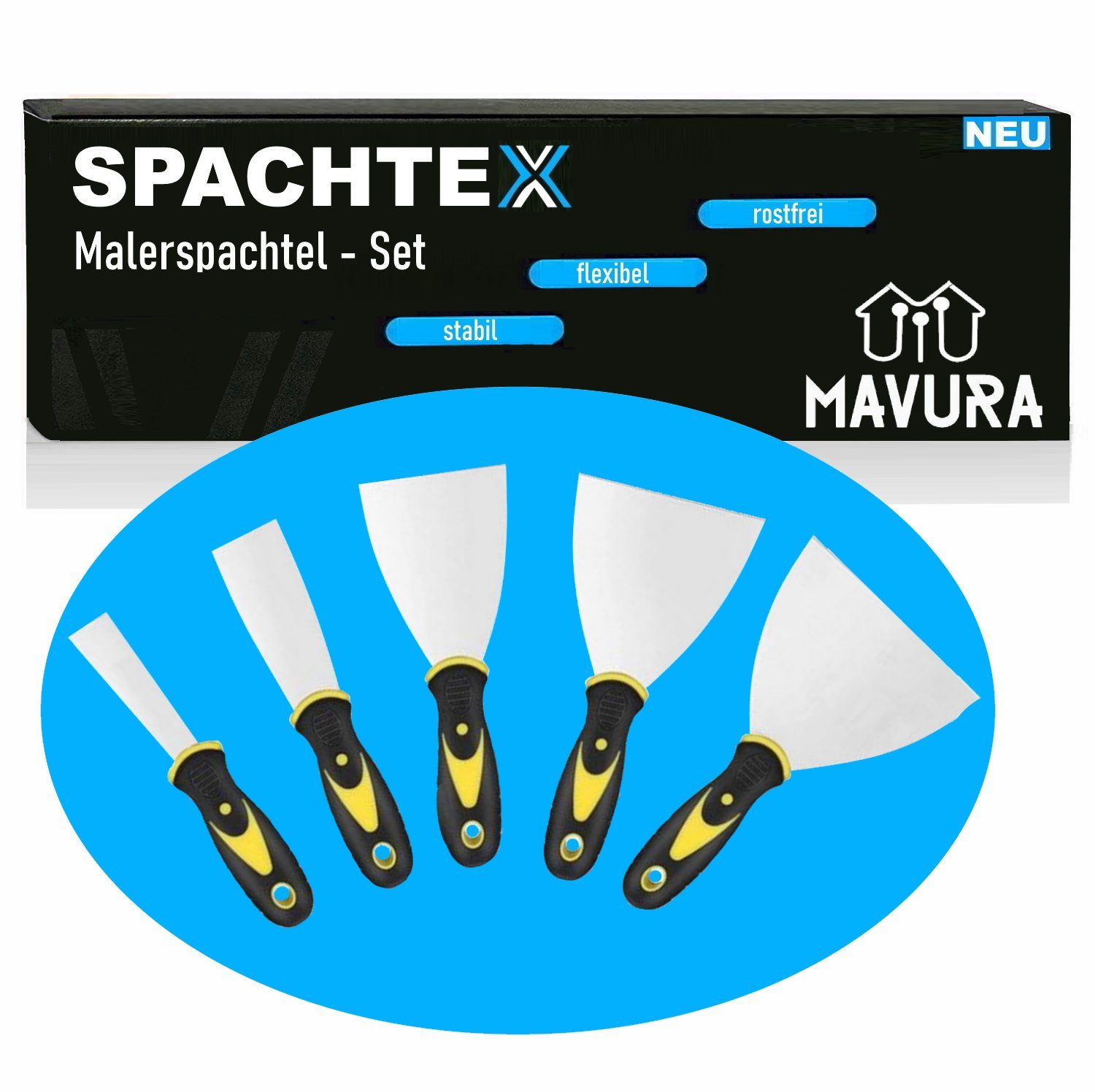 MAVURA Malerspachtel SPACHTEX Spachtel Set Edelstahl Malerspachel (5-St., Schmalspachtel [5tlg) Trockenbauspachtel Flächenspachtel Breitspachtel