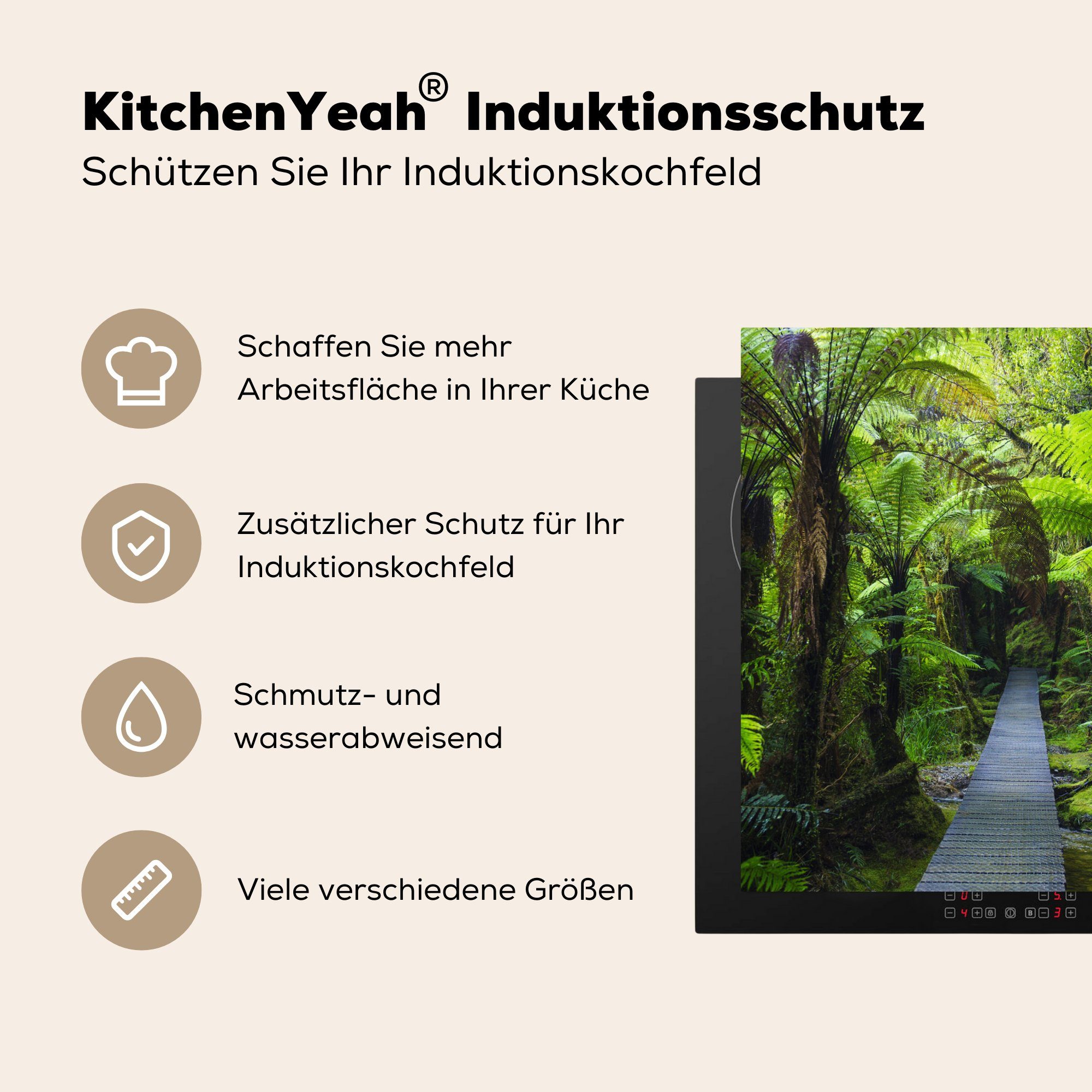 - Dschungel, 78x78 Vinyl, Neuseeland tlg), Herdblende-/Abdeckplatte (1 Pfad MuchoWow cm, - für küche Arbeitsplatte Ceranfeldabdeckung,