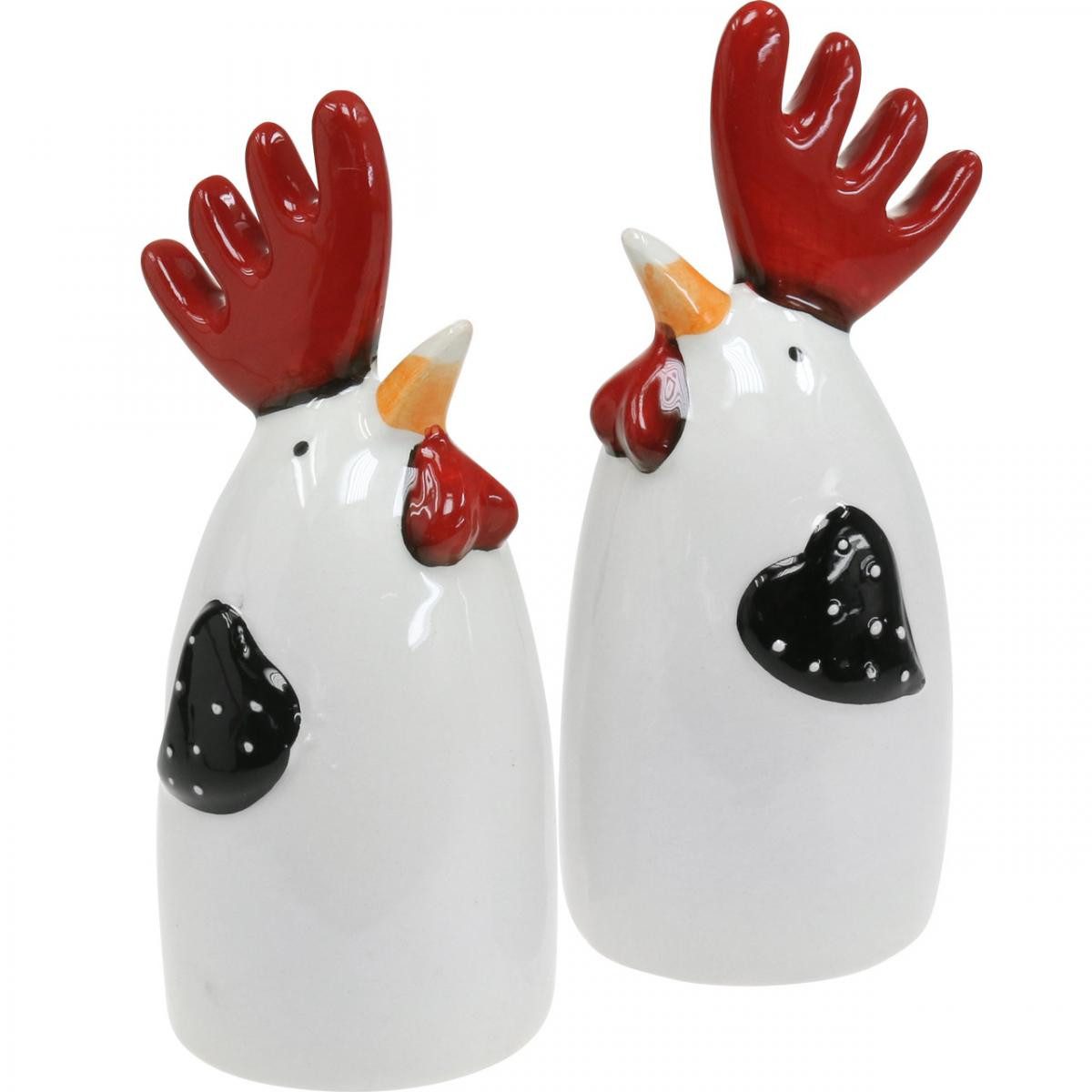 Osterhase Keramik Huhn Rot Weiß Hahn Tischdeko Set 2 Stück Osterdeko Figuren