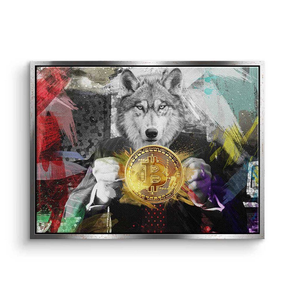 DOTCOMCANVAS® Leinwandbild Bitcoin Wolf, Premium Leinwandbild - Crypto - Bitcoin Wolf - Trading - Motivation silberner Rahmen