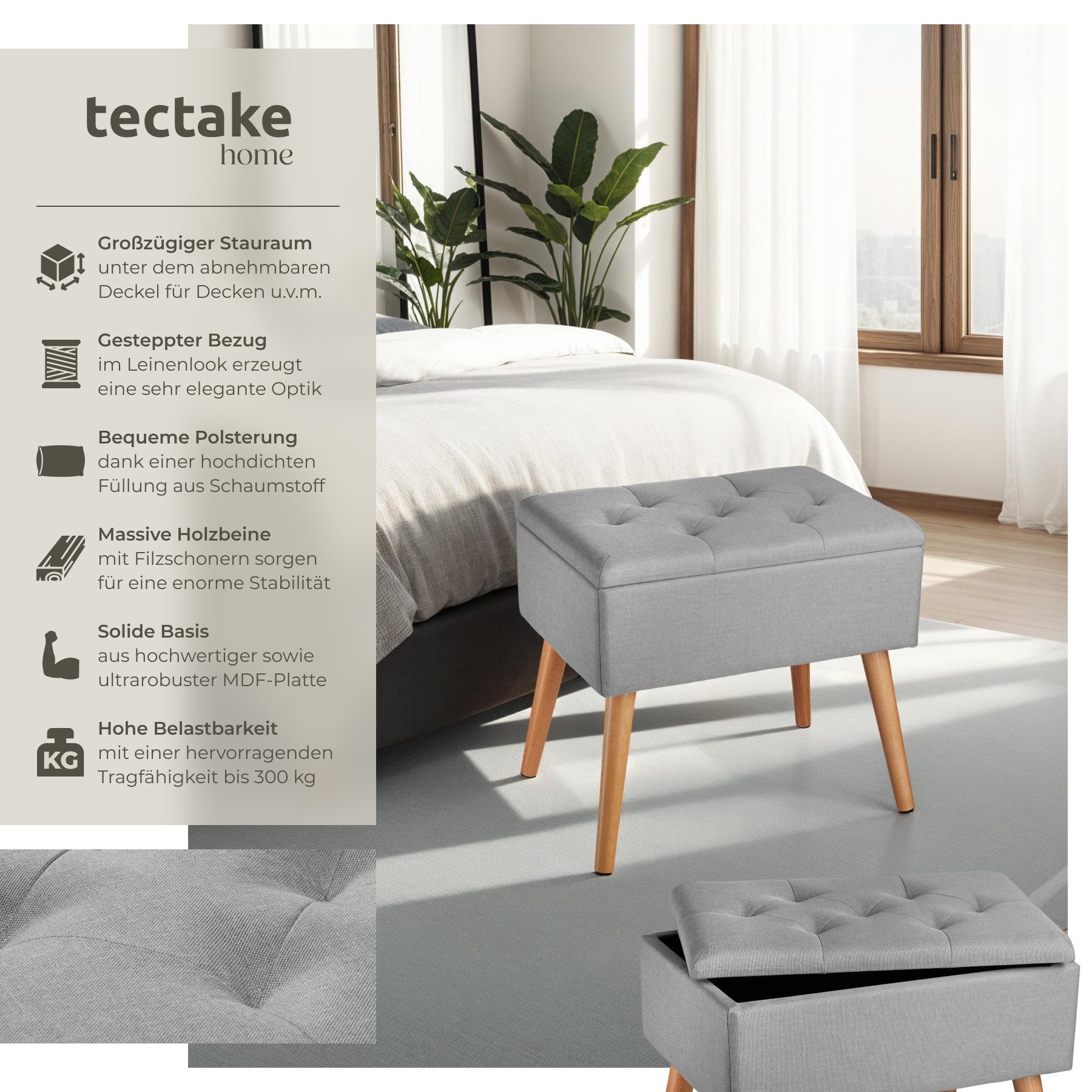 tectake Bank Sitzbank, gepolstert, in Leinenoptik