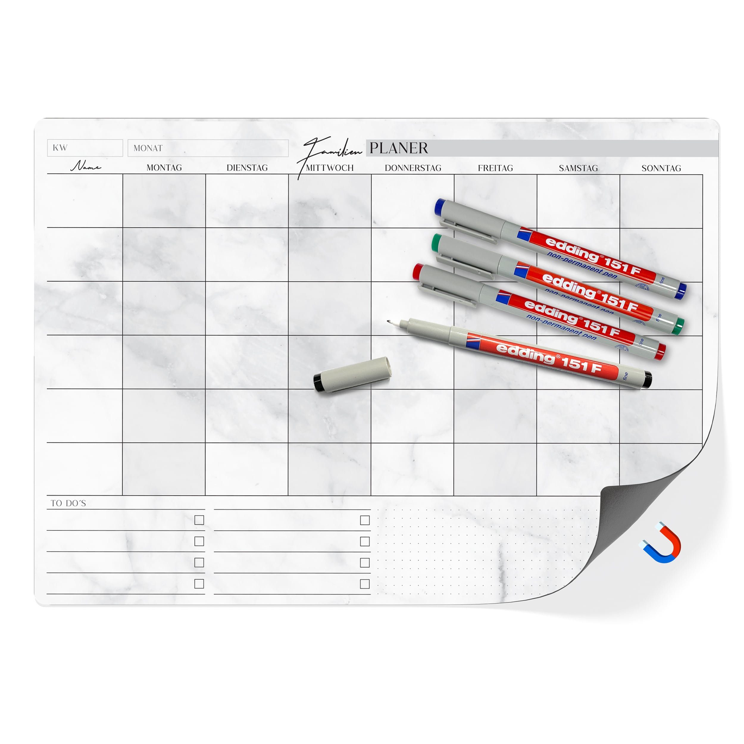 TOBJA Magnettafel A3 Familienplaner magnetisch +4 Stifte quer, Wochenplaner abwischbar Kalender