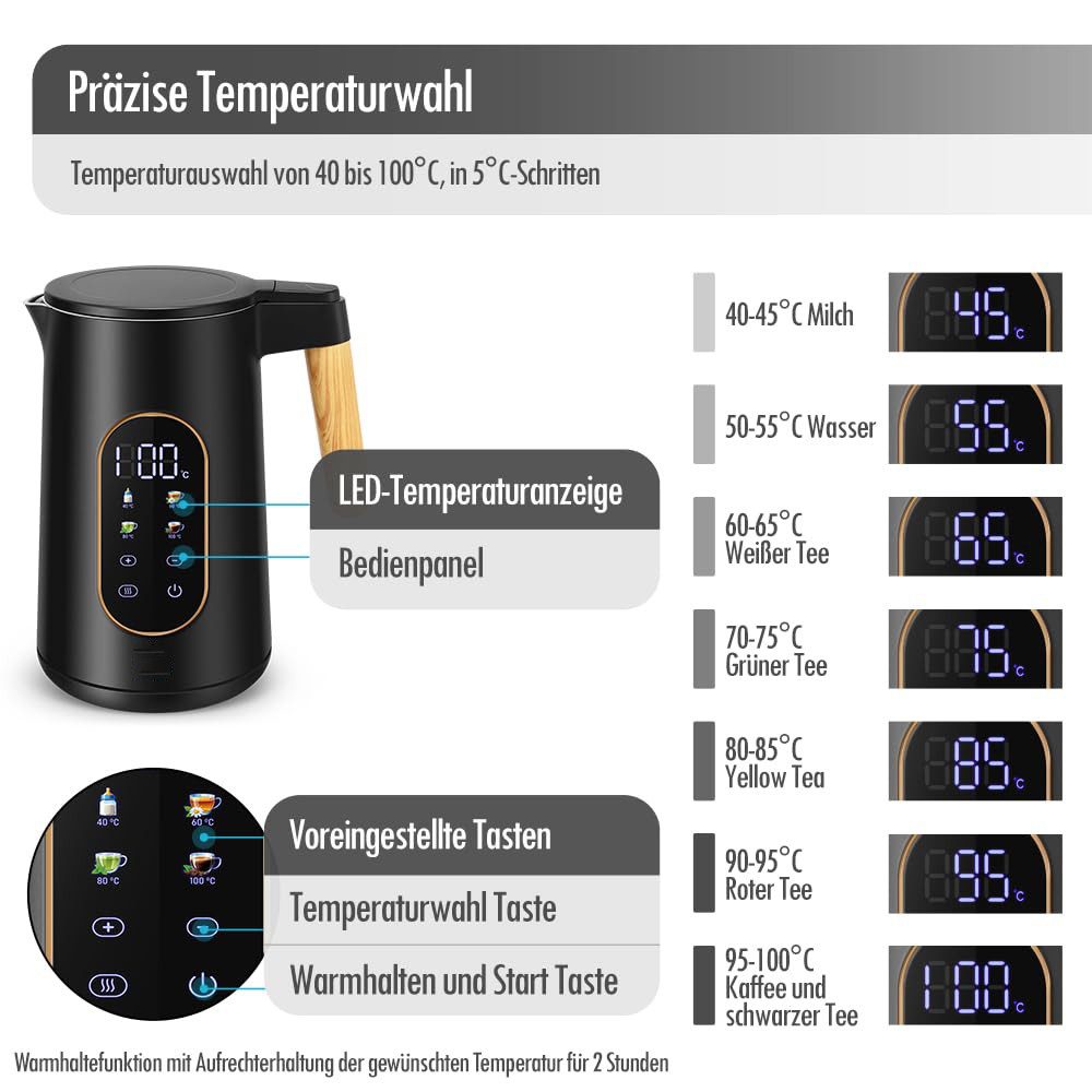 Minicloss Wasserkocher Edelstahl Wasserkocher 1,7 L mit Temperatureinstellung Temperaturwahl, 40-100°C I Temperatur Einstellbar Kessel I Warmhaltefunktion