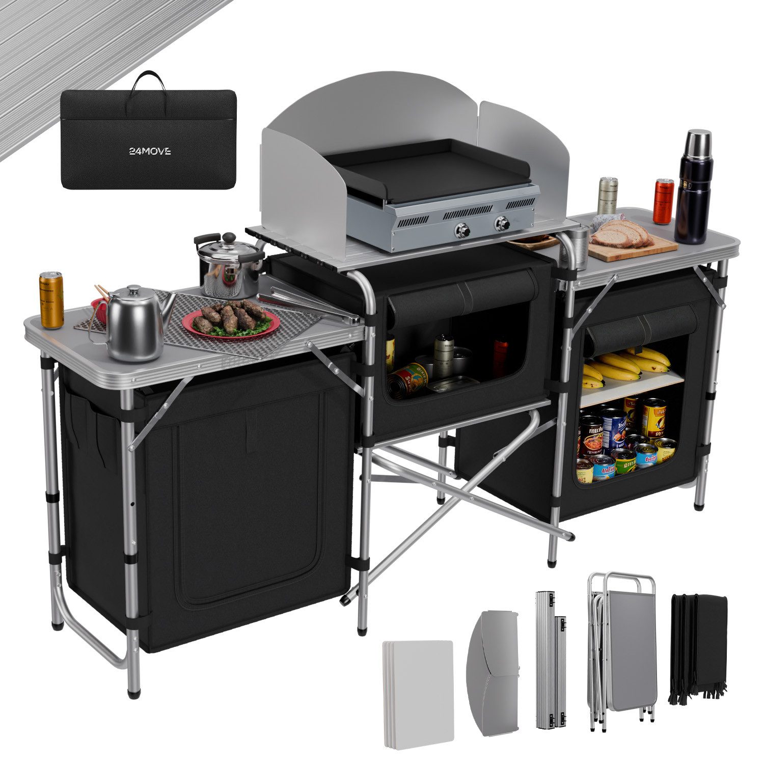 24Move Campingschrank Campingküche CAMPO Alu Outdoorküche (faltbar, inkl. Windschutz und Tragetasche) mit Arbeitsplatte und Staufächern