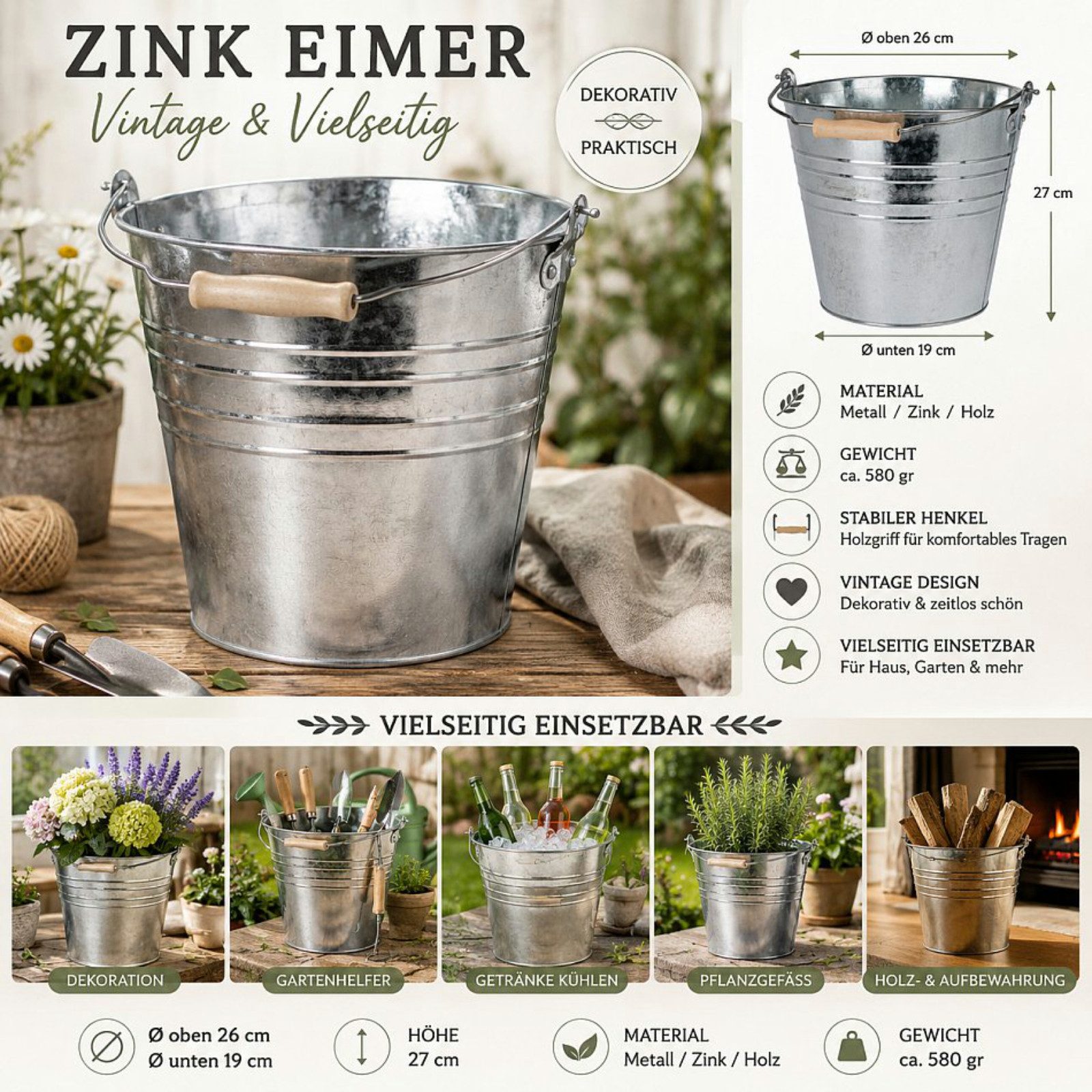 Koopman Putzeimer Zinkeimer DEKO Garten 11L 26x27cm Metall, (Stück, 1-tlg., Packung), 11 Liter, verzinkt, mit Tragehenkel, Haushaltseimer