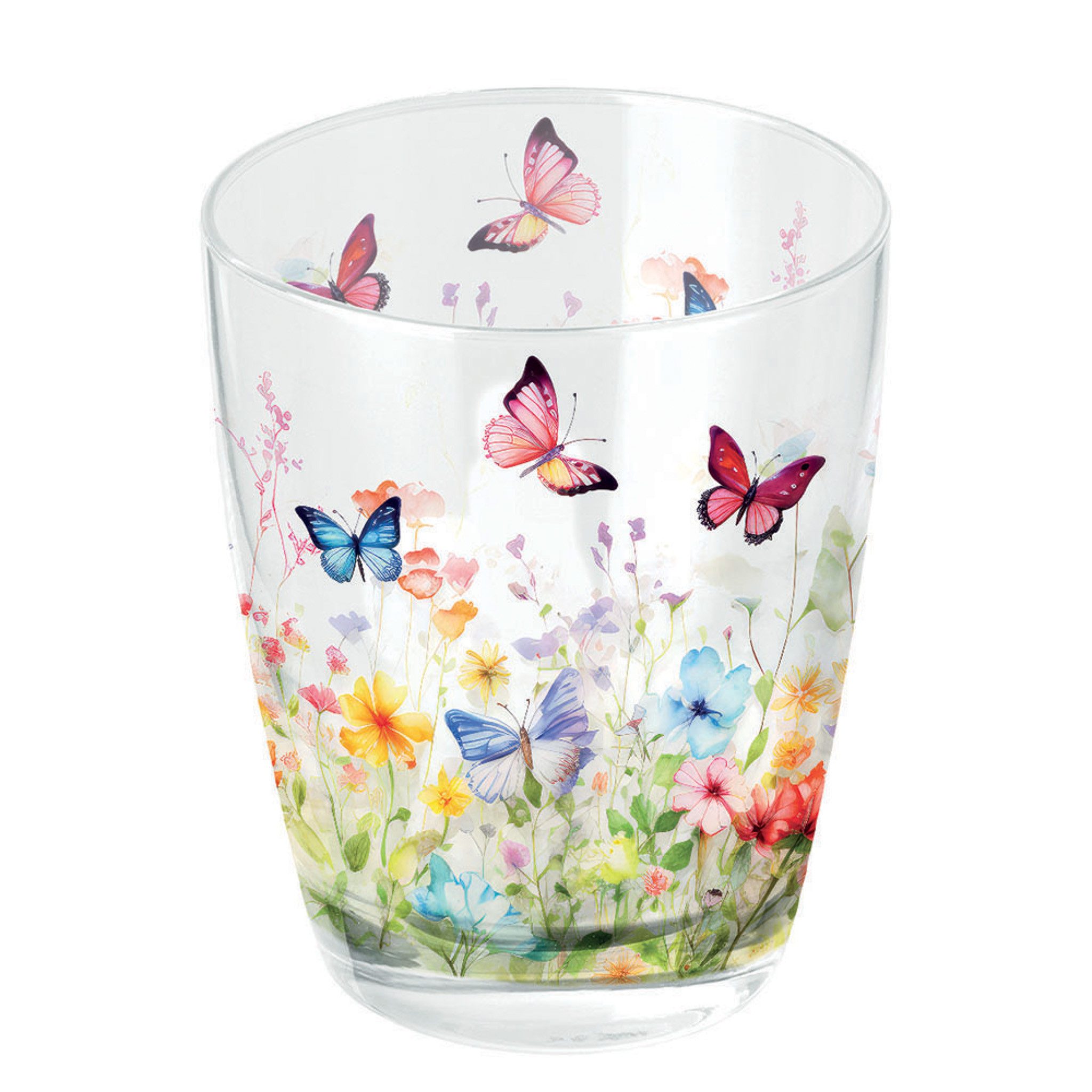 Ambiente Luxury Paper Products Becher, Glas, Trinkglas 9,5cm mit Schmetterlinge & Blumen Motiv Bunt
