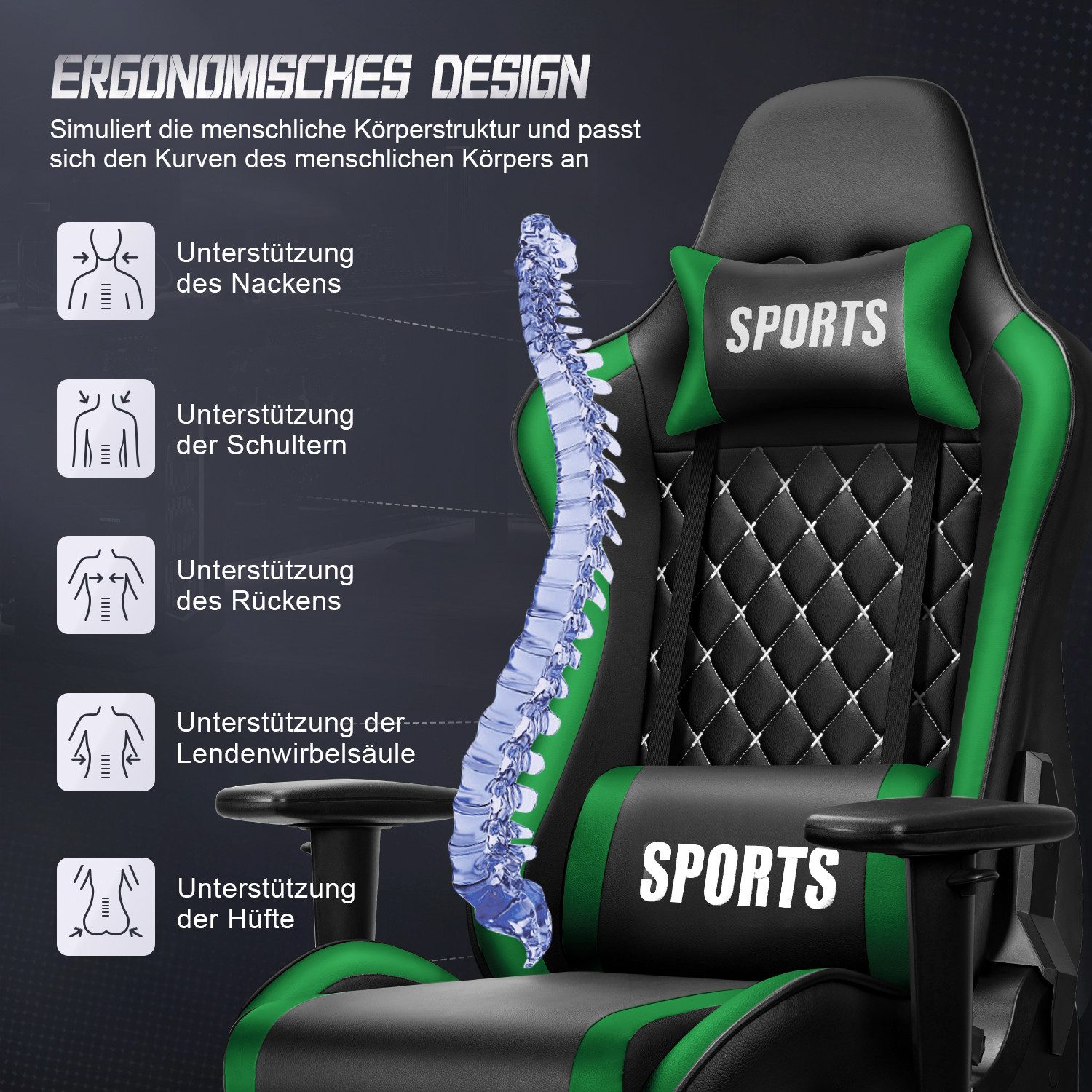 Adormii Gaming-Stuhl Gaming stuhl mit verstellbaren Armlehnen, ergonomisch gaming chair (90°–170° neigbar und arretierbar, gamingstuhl mit gepolsterter Kopfstütze und Lendenkissen, pc stuhl gaming mit verdicktem Sitzkissen, 10cm höhenverstellbarem Sitz, gamer stuhl bis 150 kg)