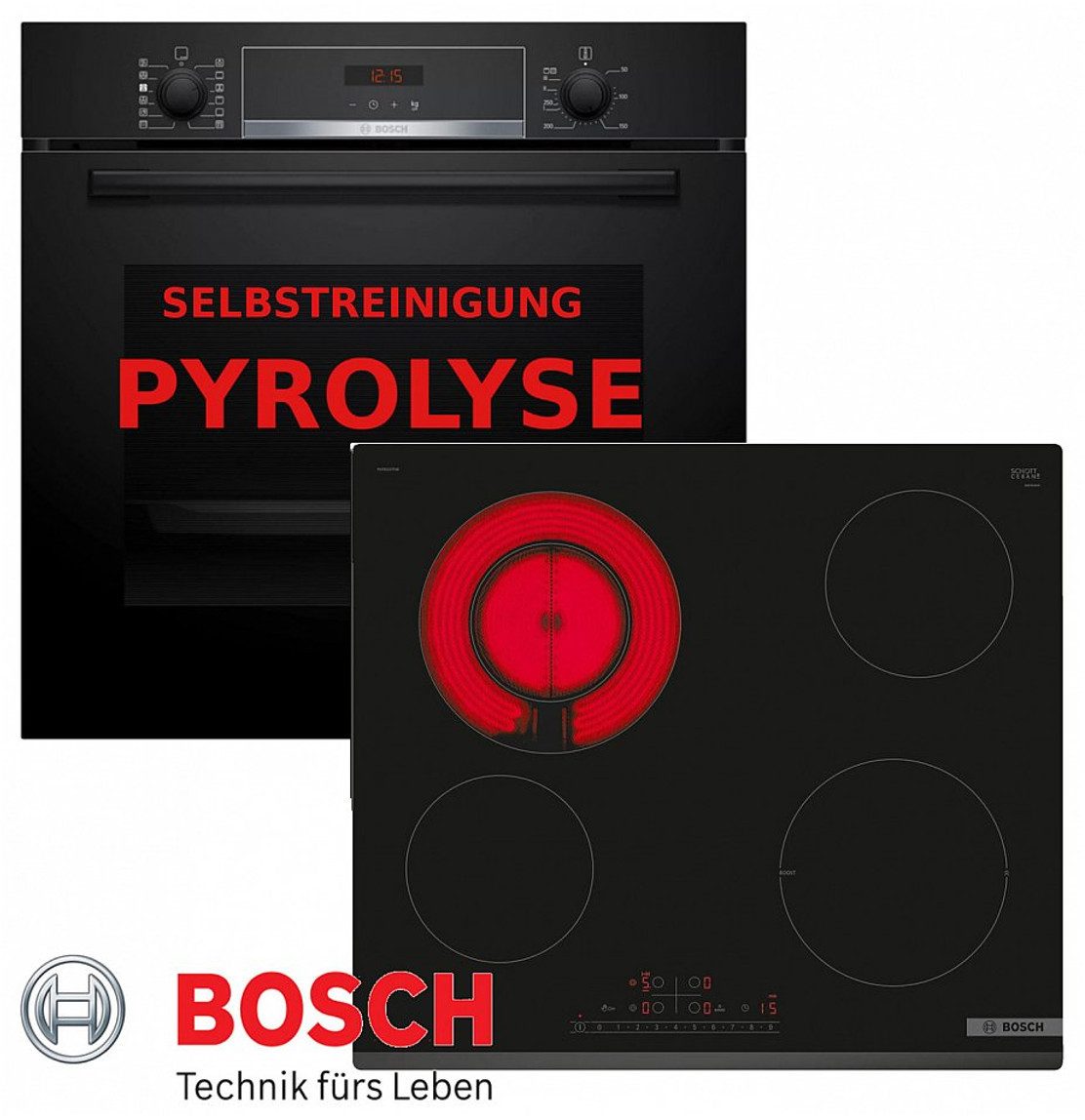 BOSCH Elektro-Herd-Set Pyrolyse Herdset Autark Backofen Selbstreinigung +Glaskeramik Kochfeld, Pyrolyse-Selbstreinigung, Pyrolyse + Hydrolyse