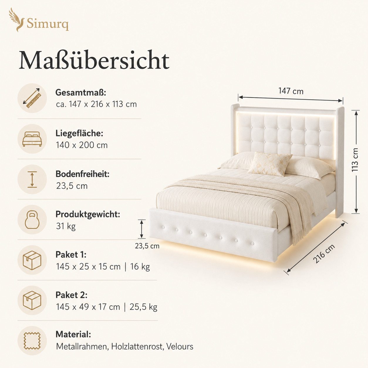 Simurq Polsterbett 140x200 mit Bettkasten LED USB Stauraum Kopfteil (Bettgestell mit Lattenrost, Bettgestell mit Lattenrost, ohne Matratze, 2 Pakete), Schwebendes Design mit 23,5 cm Bodenfreiheit