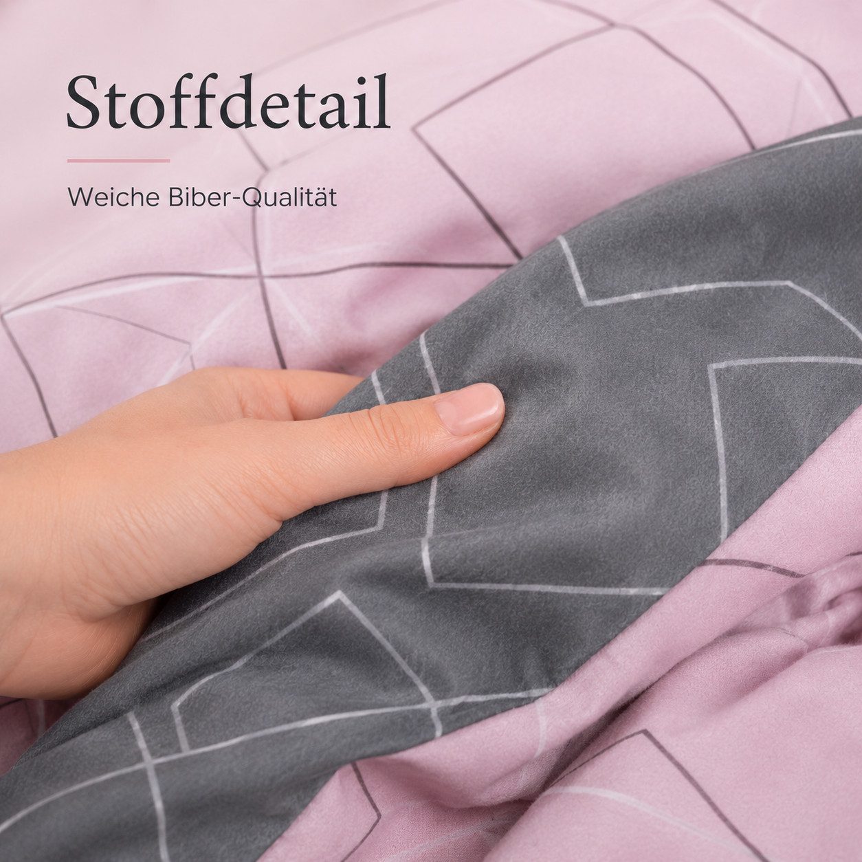 soma Bettwäsche Biber Garnitur 135x200 cm grau rosa inkl. Kissen 80x80 cm Wende-Design, Biber, 2 teilig, 100 % Baumwolle, Reißverschluss, geometrisches Muster,  – Bild 5 von 5