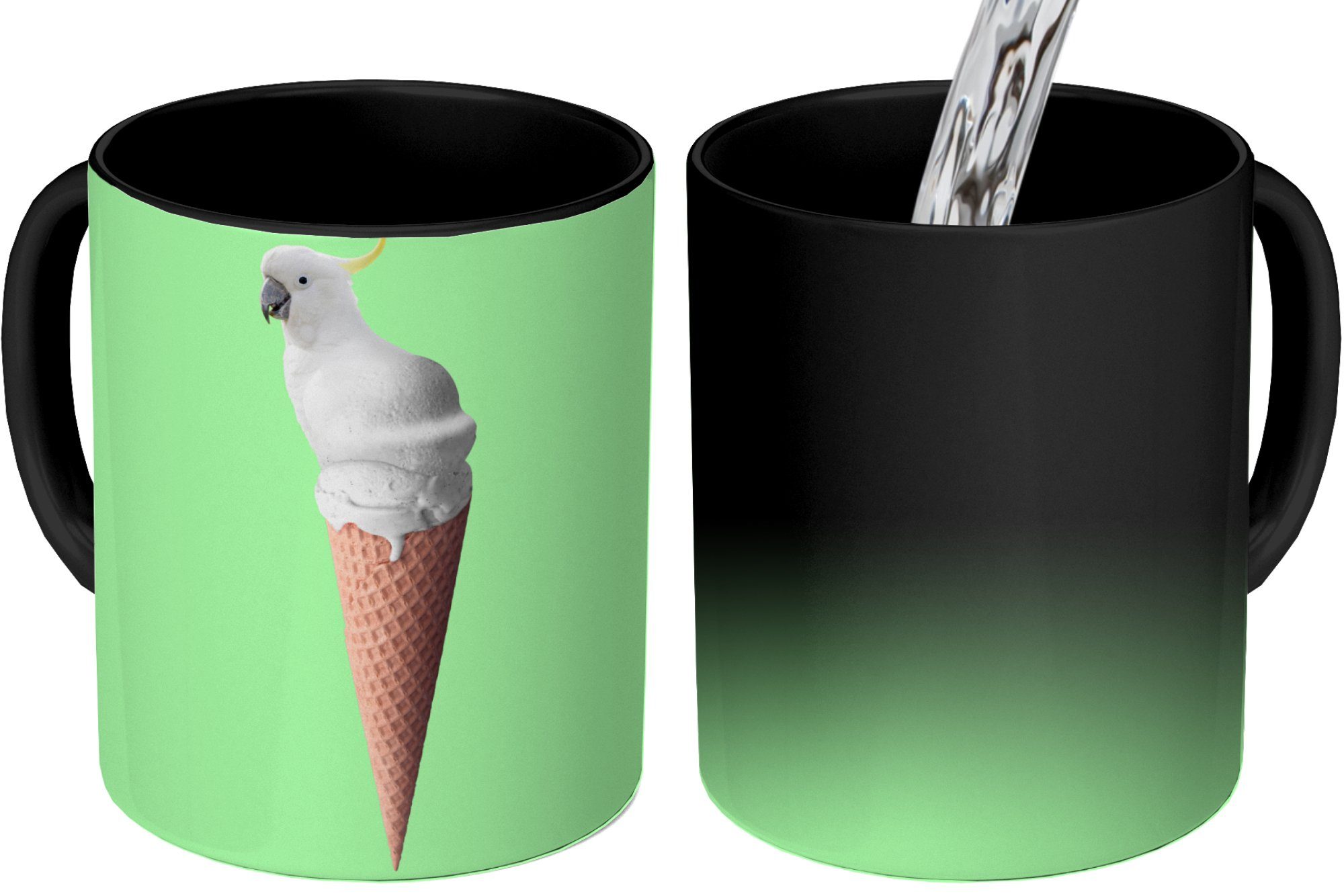 MuchoWow Tasse Papagei Zaubertasse, - Teetasse, Grün, Kaffeetassen, Weiß Eistüten - Geschenk Eiscreme Farbwechsel, - Keramik, 