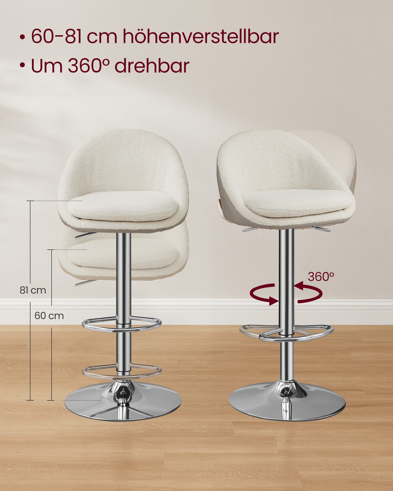 VASAGLE Barhocker Stuhl mit Rückenlehne (2 St), höhenverstellbar, 360° drehbar, mit Sockel – Bild 4 von 5