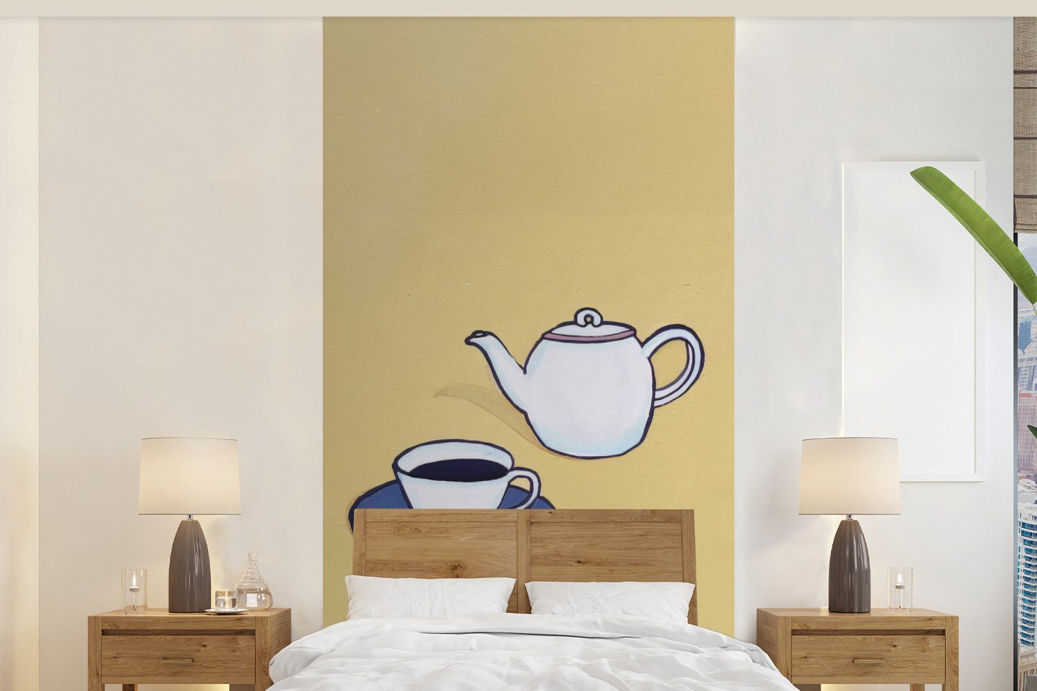 MuchoWow Fototapete Teekanne - Tasse - Beige - Illustration, Matt, bedruckt, Vliestapete für Wohnzimmer Schlafzimmer Küche, Fototapete, 120x240 cm