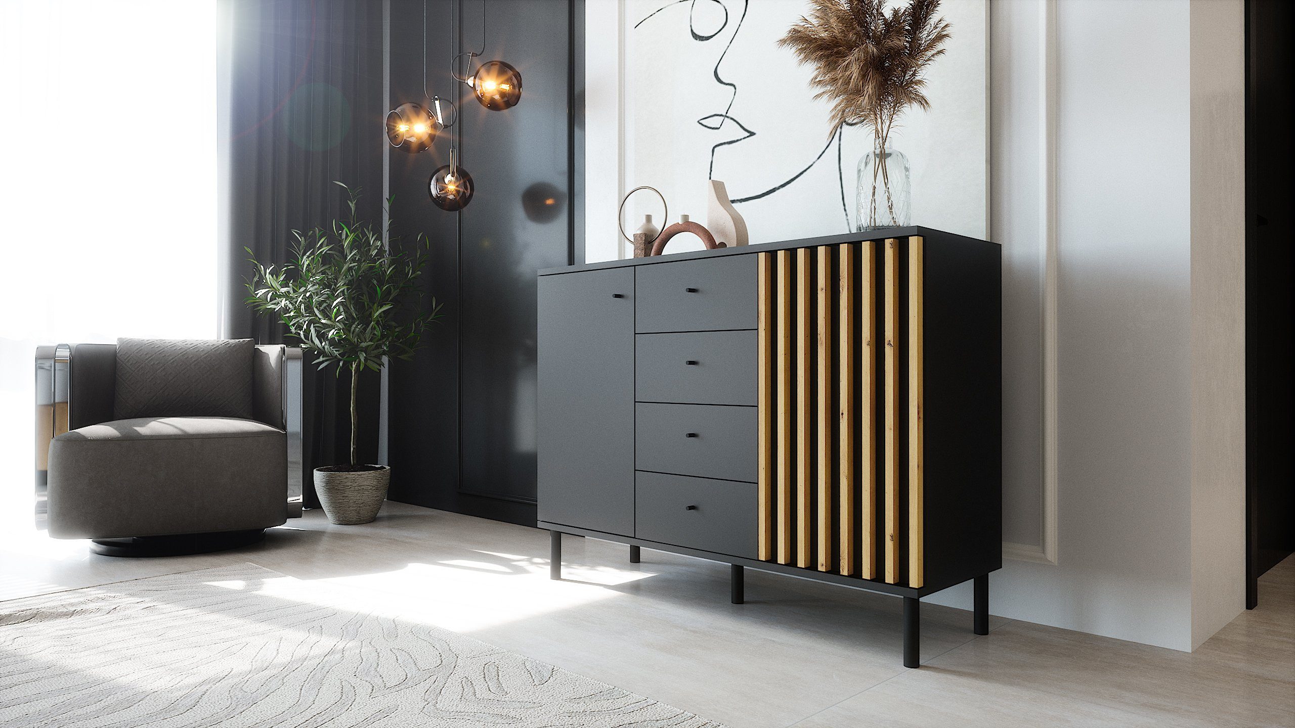 Newroom Sideboard Ebono, Schwarz Sideboard Modern Wandpaneel Vintage Highbo günstig online kaufen