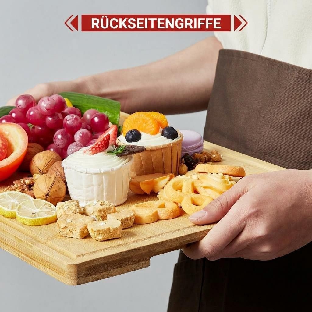 GarveeMore Schneidebrett Bambus-Schneidebrett-Set 3-teilig mit Ständer, Bambus, mit Saftrille, Holzschneidebretter in drei Größen