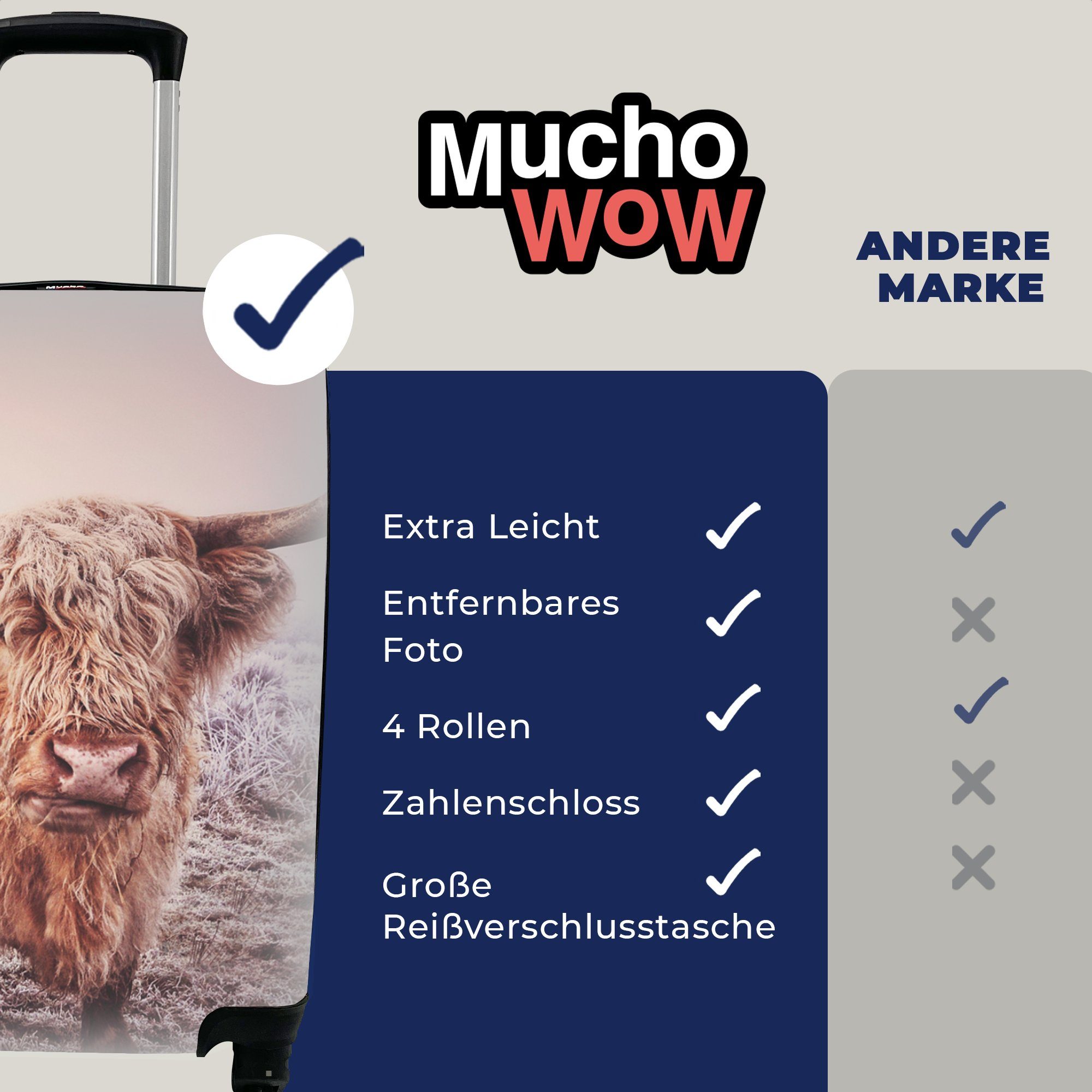 MuchoWow für Ferien, - Rollen, Reisetasche Handgepäck 4 Handgepäckkoffer Highlander Reisekoffer Schnee - Trolley, mit rollen, Sonne, Schottische