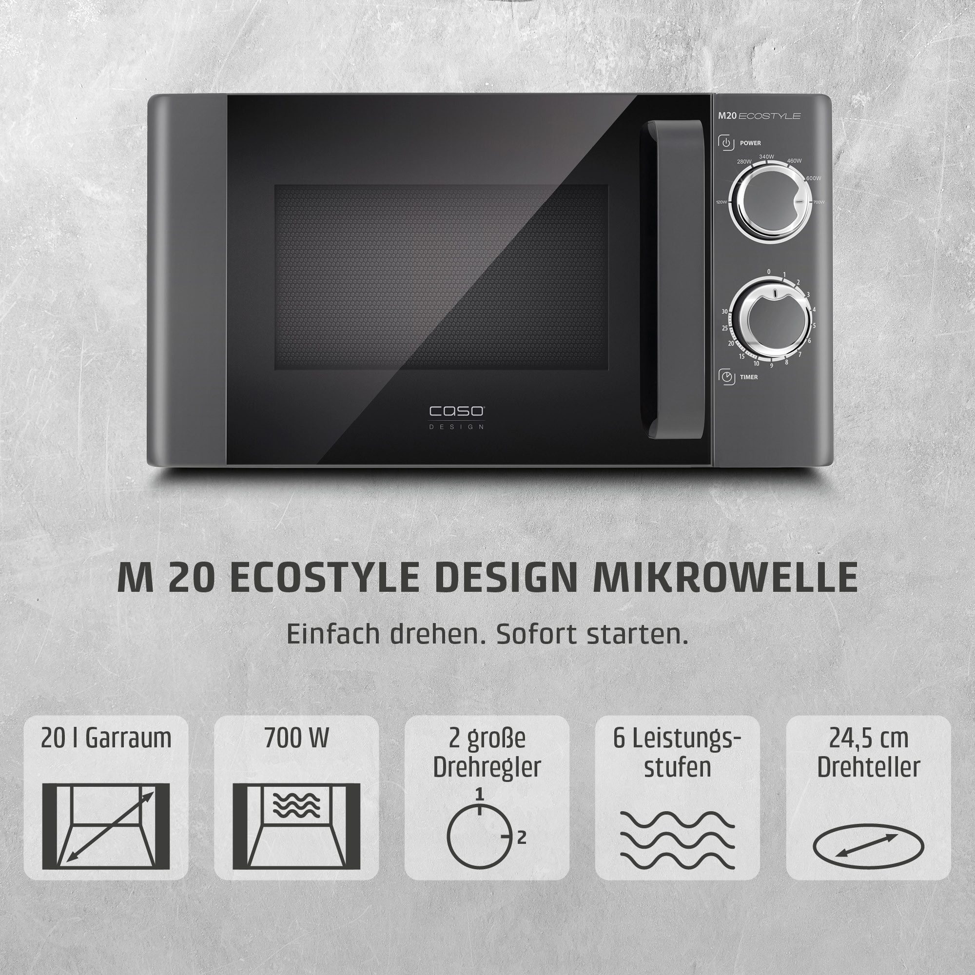 Caso Mikrowelle, Mikrowelle, 20 l, 20 Liter Garraum, 30-Minuten-Timer, Auftaufunktion