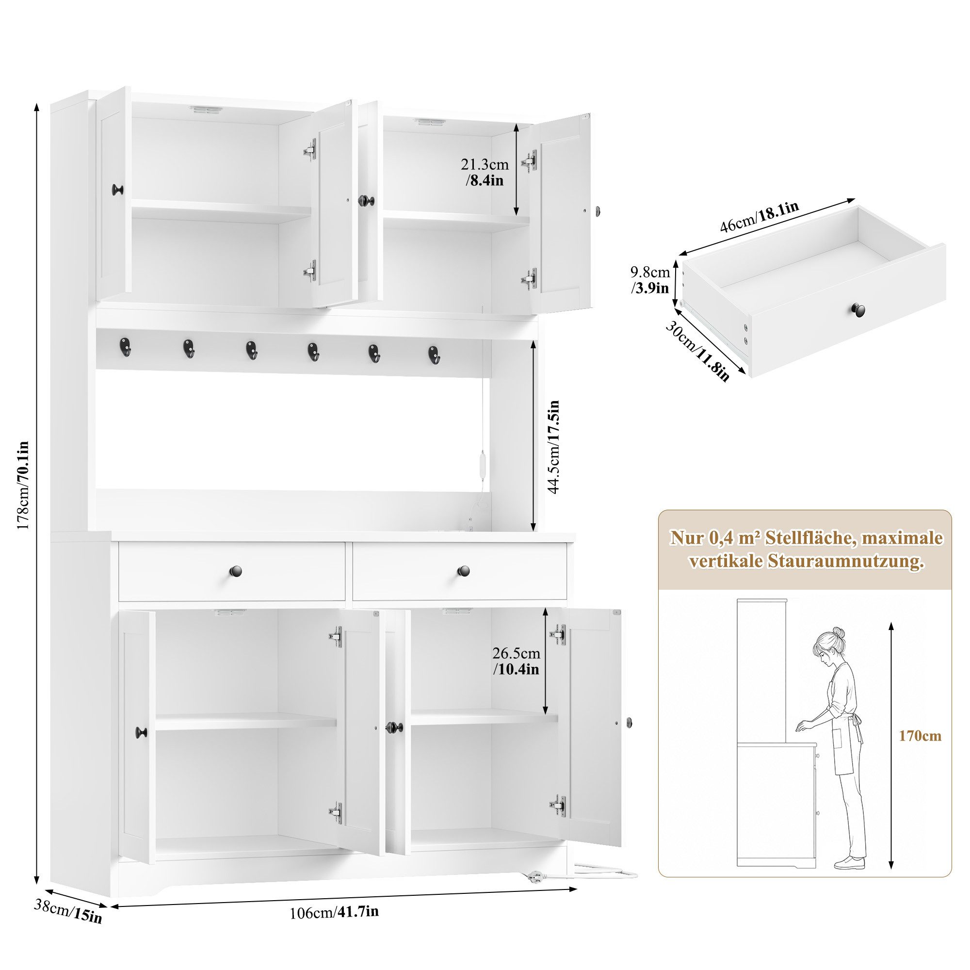 Homfa Küchenbuffet Küchenschrank Buffetschrank mit LED und Steckdosenleiste Sideboard mit Arbeitsplatte, 8 Türen und 2 Schubladen 178x106x38cm – Bild 3 von 5