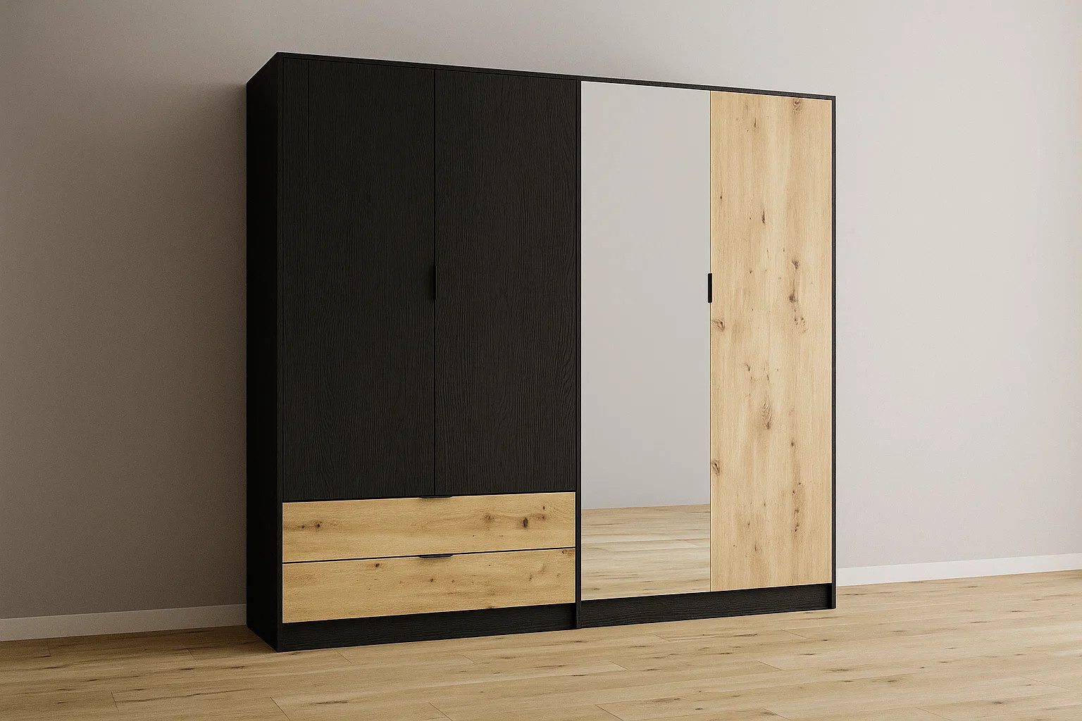 OTTO home Kleiderschrank PEERY mit Spiegel, 2 Schubladen, 4 Fächer und 2 Kleiderstangen Garderobe mit 4 Türen und schwarzen Griffen, Maße B/T/H: 220/54/203cm – Bild 2 von 5
