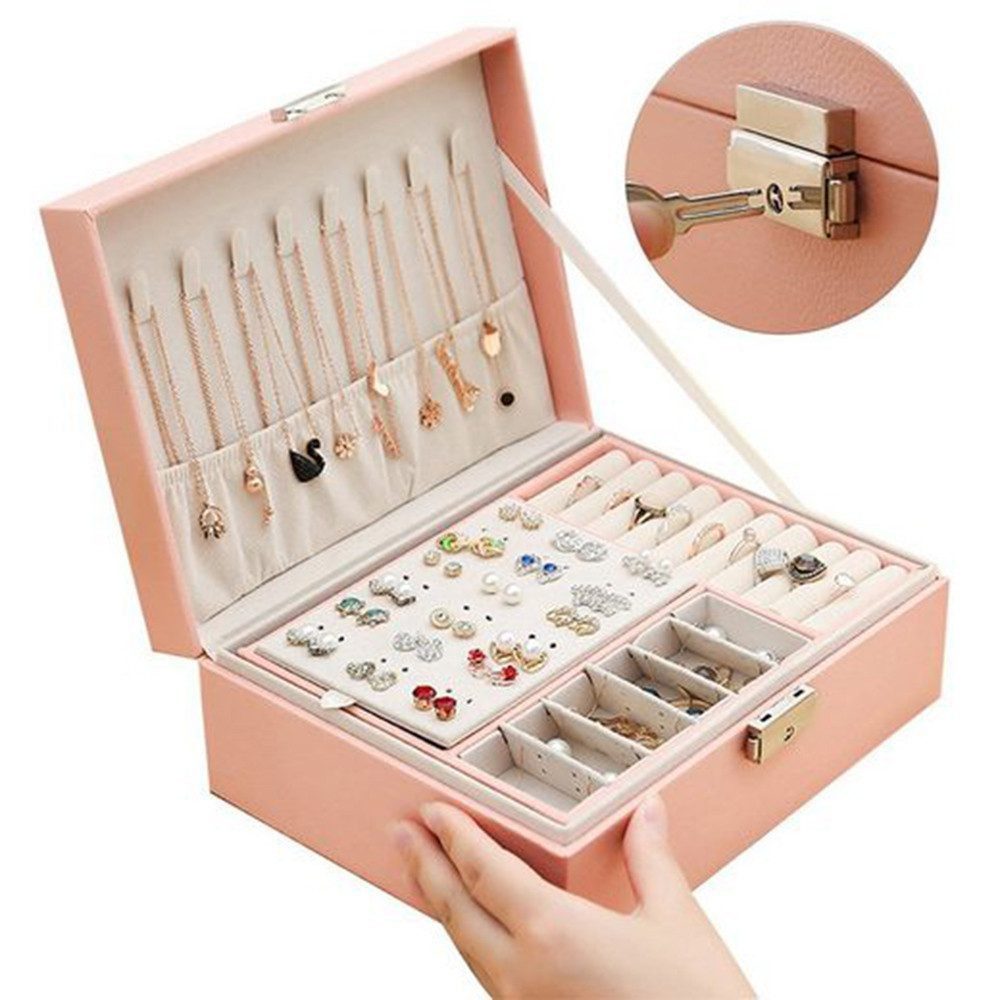 FOUORTUNATE-BEE Schmuckkasten 2-schichtiger Schmuckkasten mit Schloss, 2-lagige Leder-Schmuckbox mit Schloss, abnehmbare Fächer