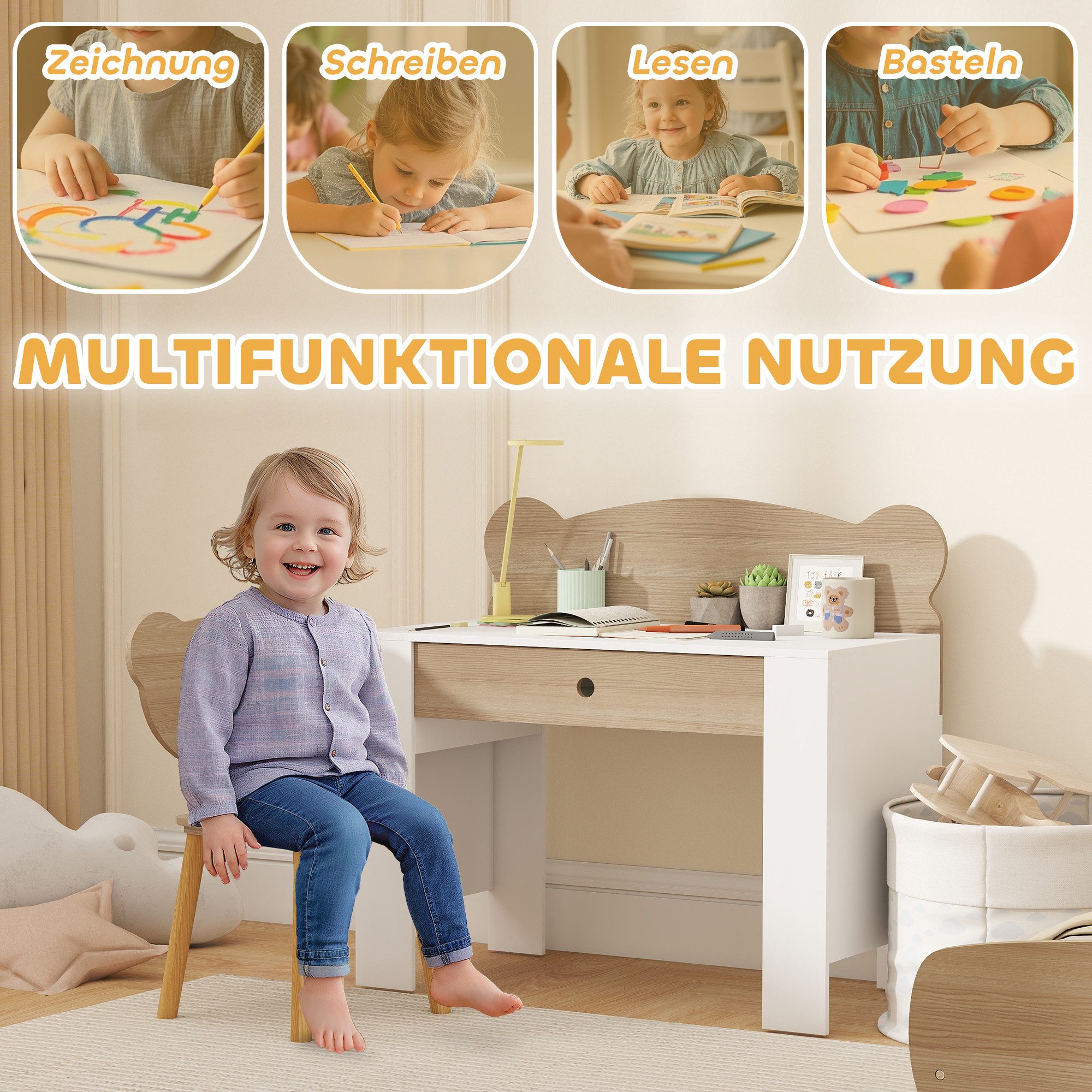 furnicato Kindersitzgruppe Schreibtisch-Set Kinder 3-8 Jahre Naturholz mit Stuhl, (1-tlg)