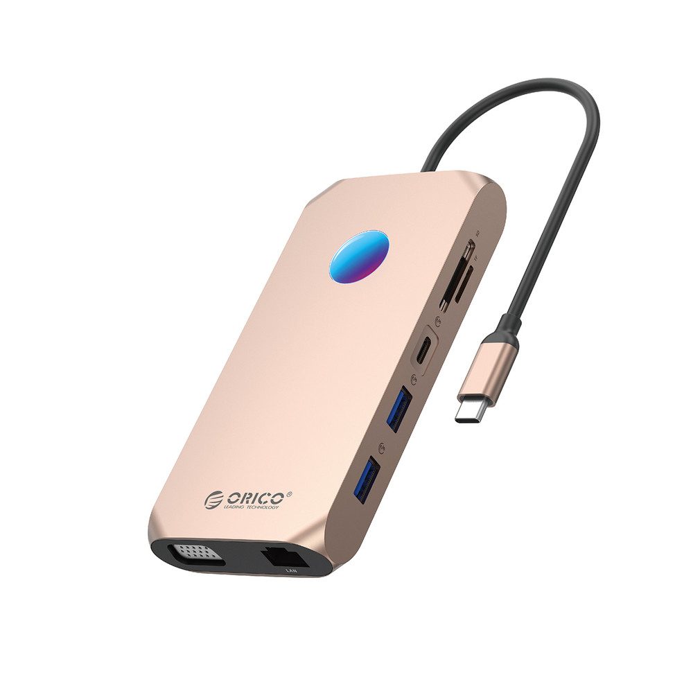 ORICO Multiport-Adapter USB-Hub Anschlussverteiler Dockingstation (12-in-1, 100 W PD, 2x HDMI 4K, RGB-Licht, Kartenleser)