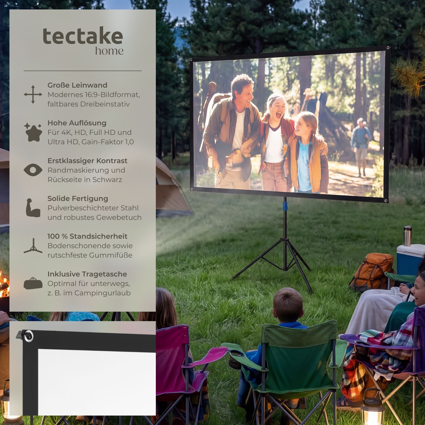 tectake Beamer-Leinwand für 4K, HD, Ultra HD und Full HD, Format 16:9, 60” Deckeneinbauleinwand (Gain-Faktor 1, 0, reißfest, faltenfrei, inklusive Tragetasche)