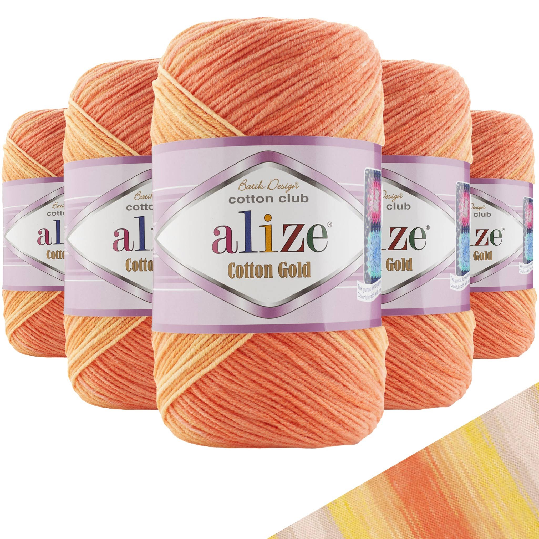 Alize 5 x 100g Farbverlaufsgarn Alize Cotton Gold Batik Häkelwolle Häkelwolle, 1650 m (Sparpaket, 5-St), 7687 mehrfarbig