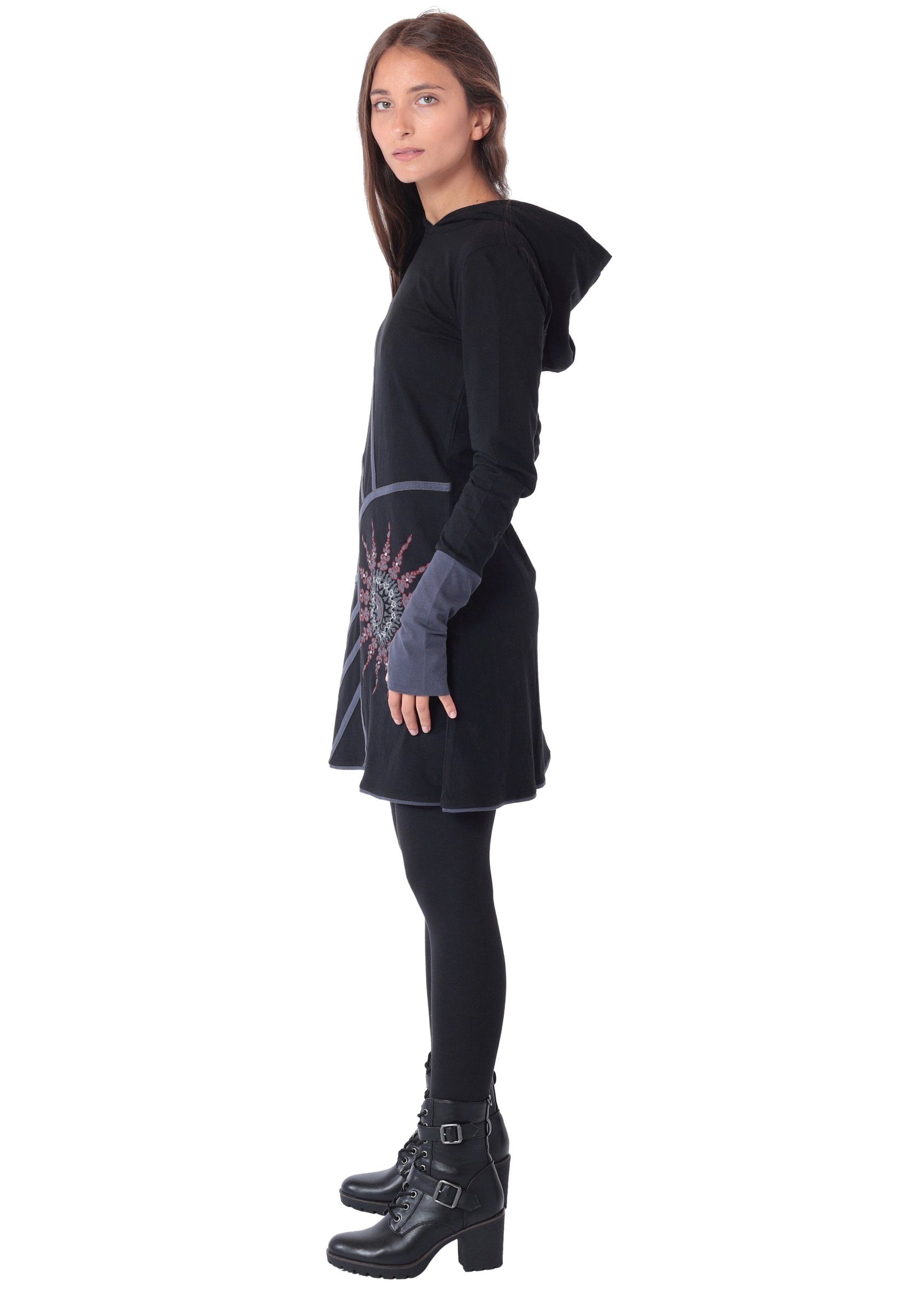 PUREWONDER Sweatkleid Alternatives Kapuzenkleid aus Baumwolle, Goa Kleid Nr. 77 Schwarz S Ganzjahreskleid
