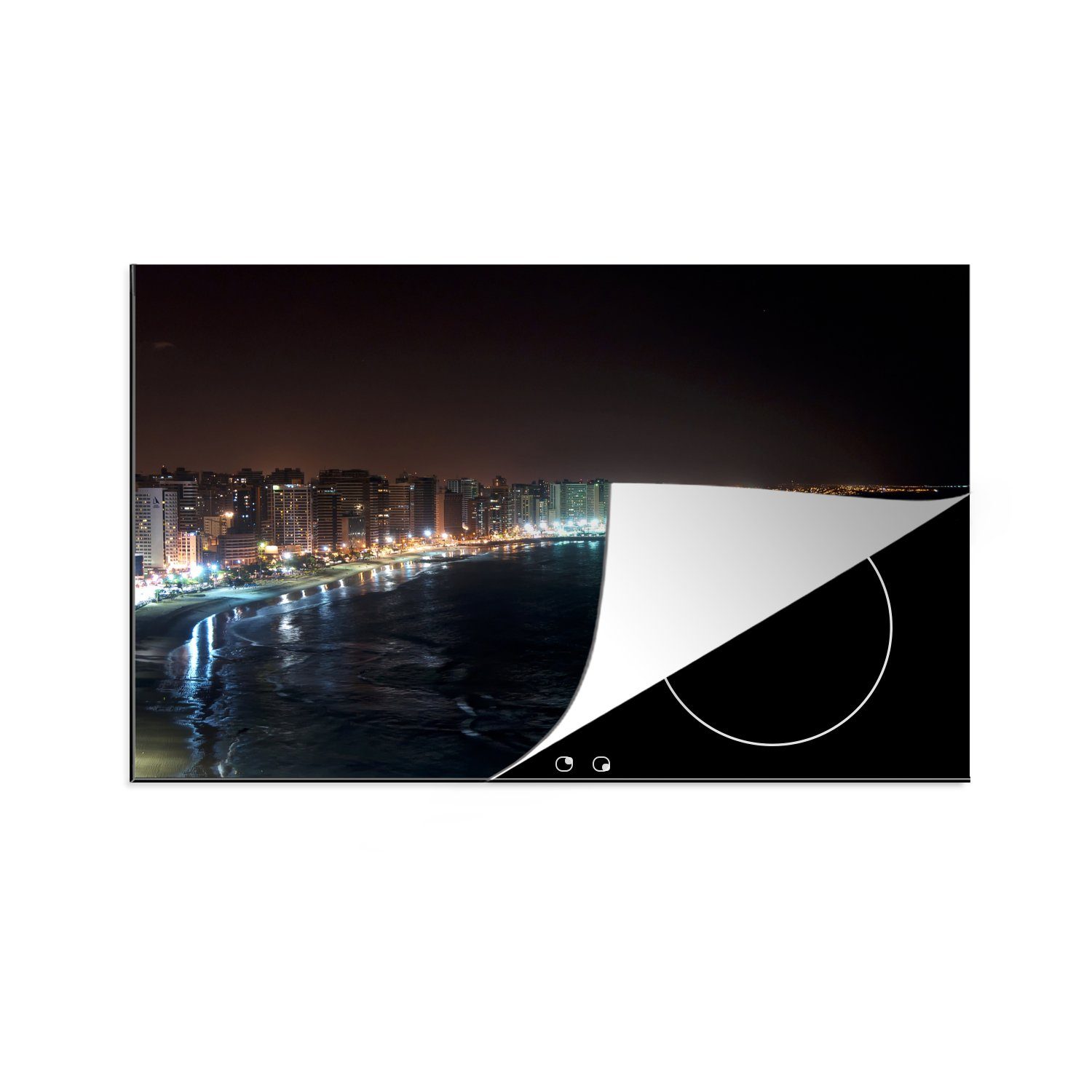 MuchoWow Herdblende-/Abdeckplatte Blick vom Meer auf Fortaleza bei Nacht in Brasilien, Vinyl, (1 tlg), 81x52 cm, Induktionskochfeld Schutz für die küche, Ceranfeldabdeckung