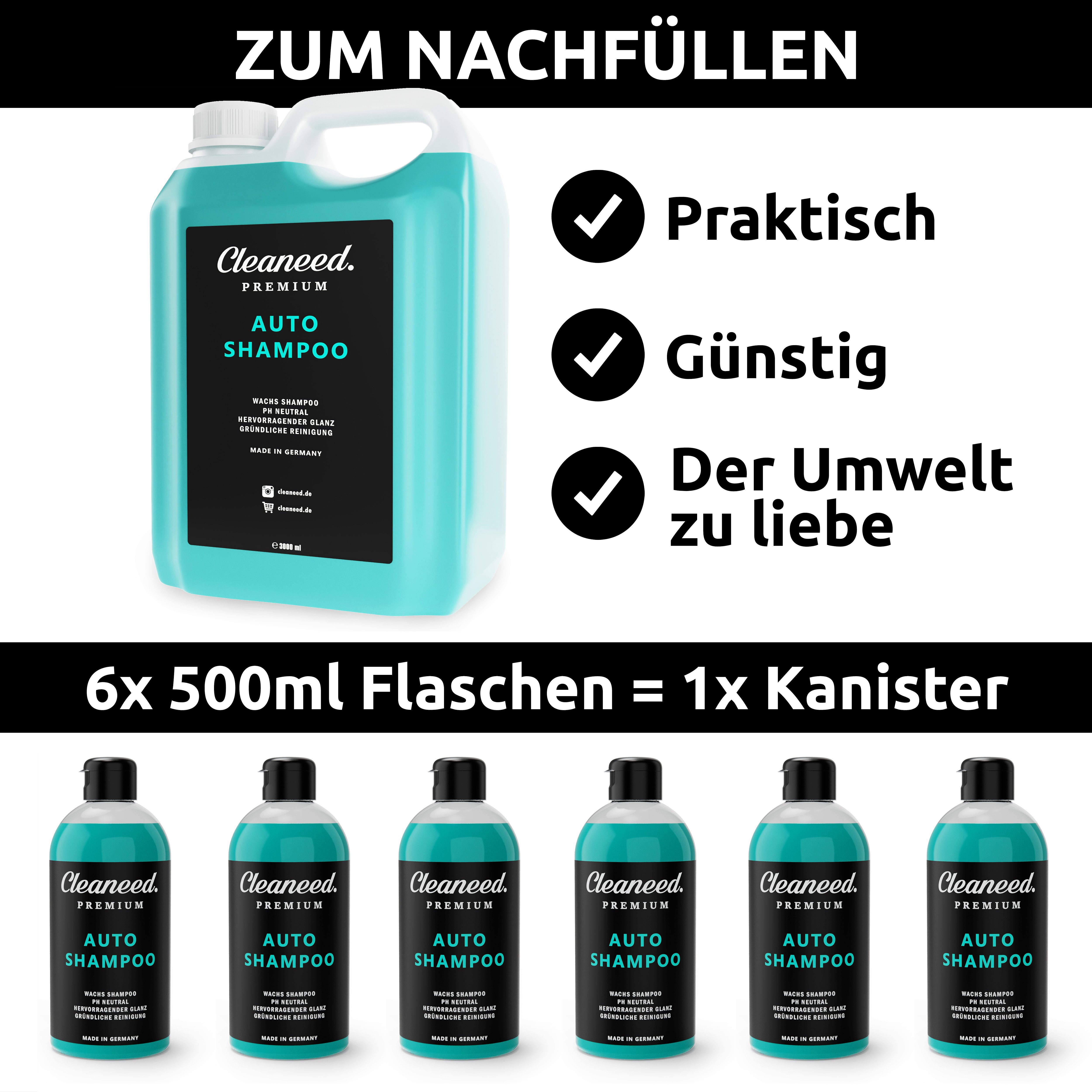 (MADE Autoshampoo Reinigung, Biologisch in Starke Rückstandsfrei, Schonende pH-Neutral, Wachs Premium abbaubar) GERMANY mit Schaumbildung, Cleaneed Autoshampoo –