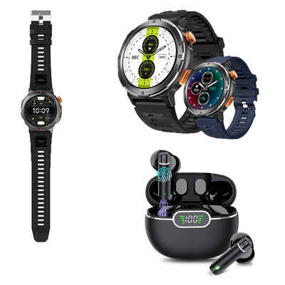 HYIEAR Smartwatches für Männer und Frauen, kabellose Bluetooth-Kopfhörer 5.3 Smartwatch (Android), mit austauschbaren Armbändern, Ladekabeln Drei Paar Ohrstöpsel, Sportarmband