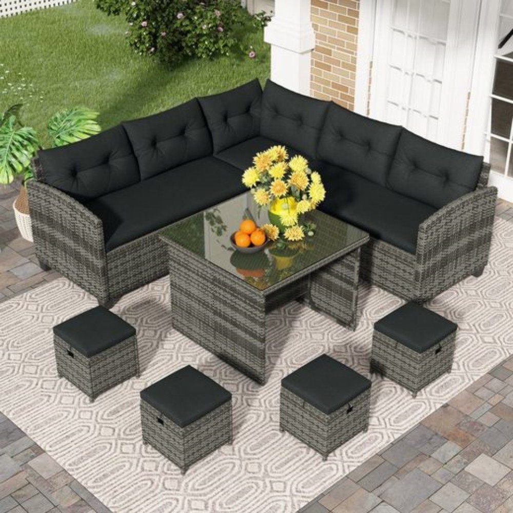 OKWISH GartenloungeSet Sofa Tisch Esstisch Outdoor Sitzgruppe, (8tlg