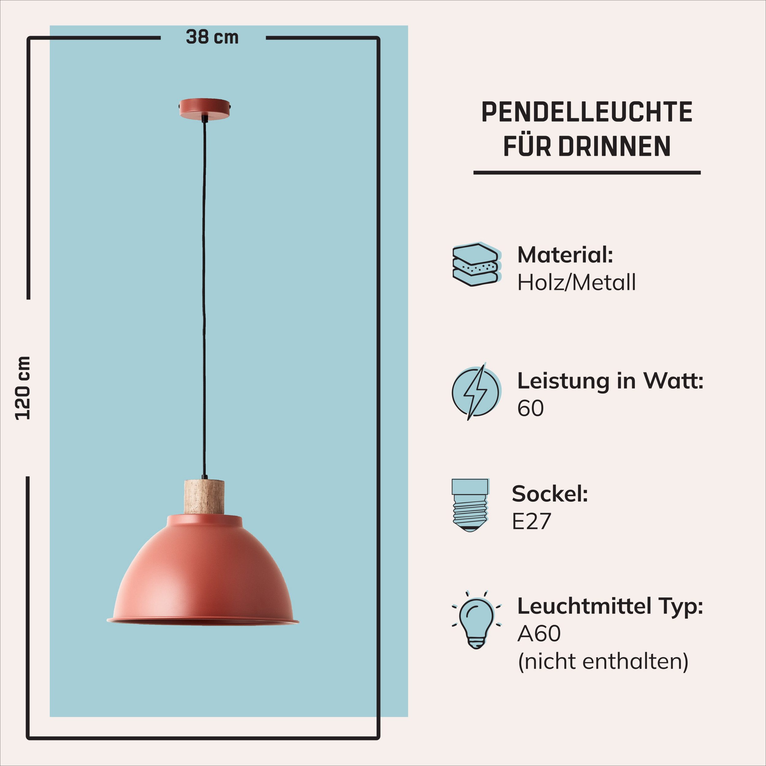 Lightbox Pendelleuchte, ohne Leuchtmittel, Hängelampe, Ø 38 cm, E27, max. 60 W, kürzbar, Metall/Holz, rot