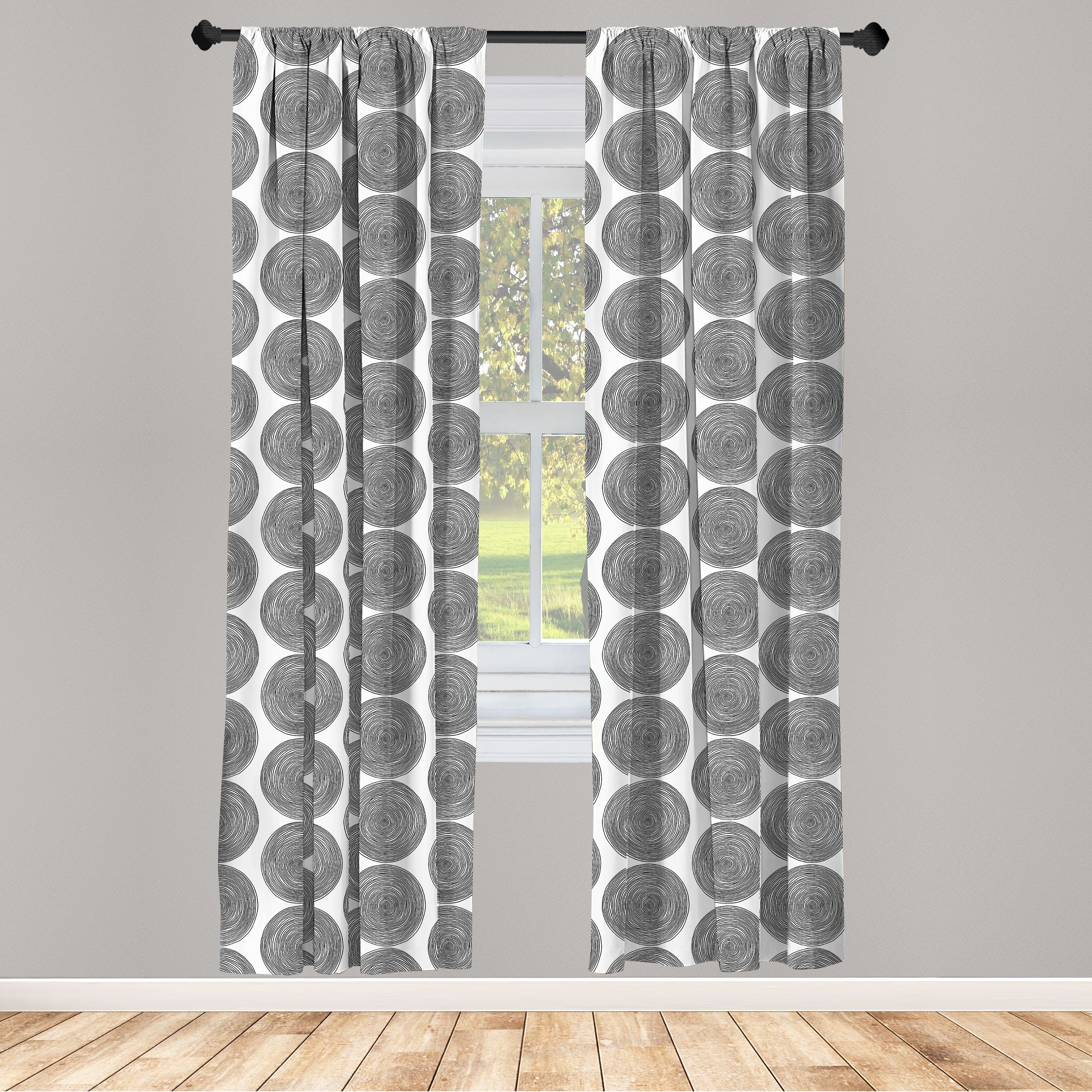 Gardine Vorhang für Wohnzimmer Schlafzimmer Dekor, Abakuhaus, Microfaser, Schwarz und weiß Gekritzel-Kunst-Kreise