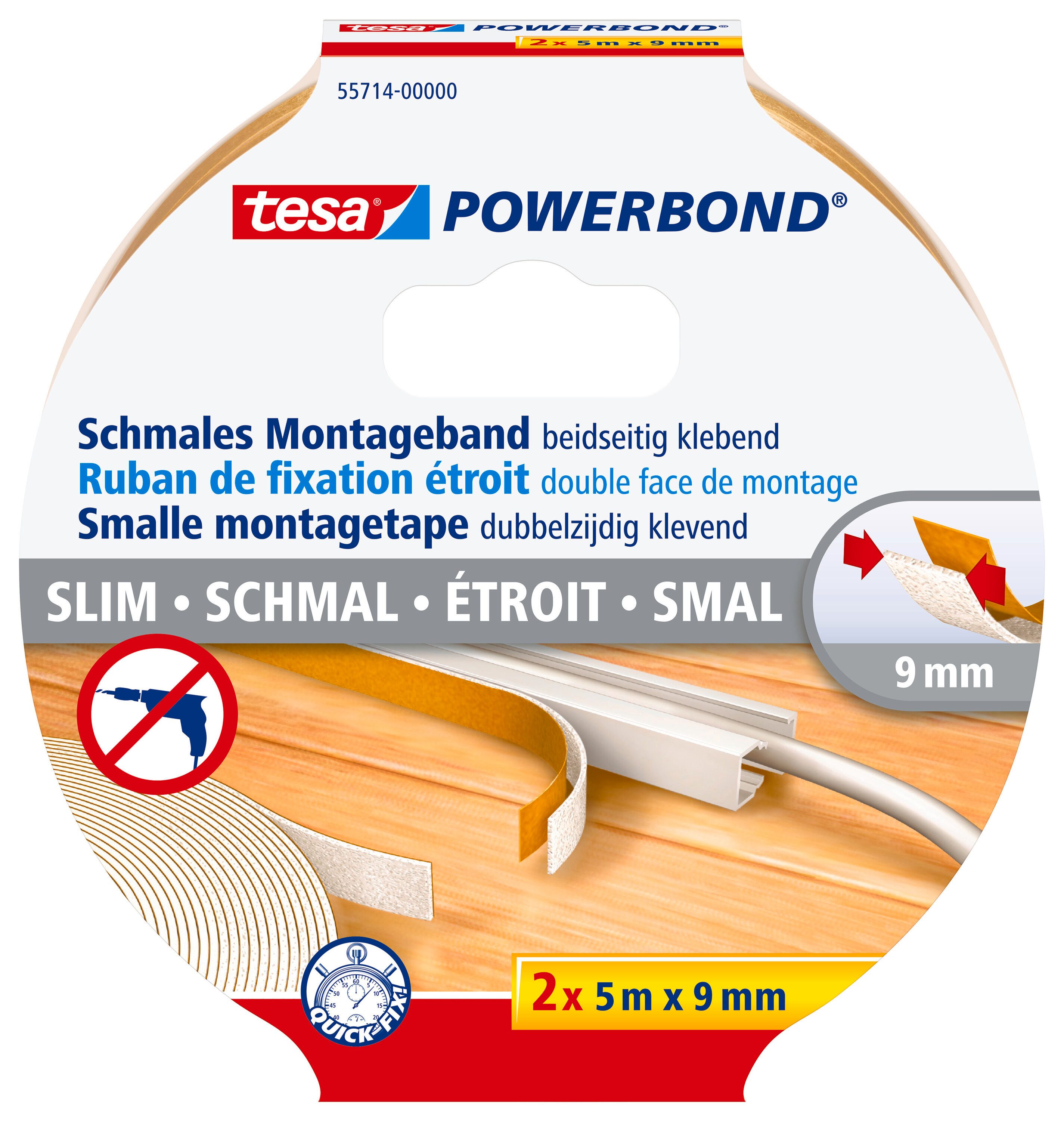 tesa Doppelklebeband POWERBOND Doppelseitiges Klebeband - 5 m : 9 mm (Packung, 1-St) schmales Montageband - einfache Befestigung von Kabelkanal & Deko