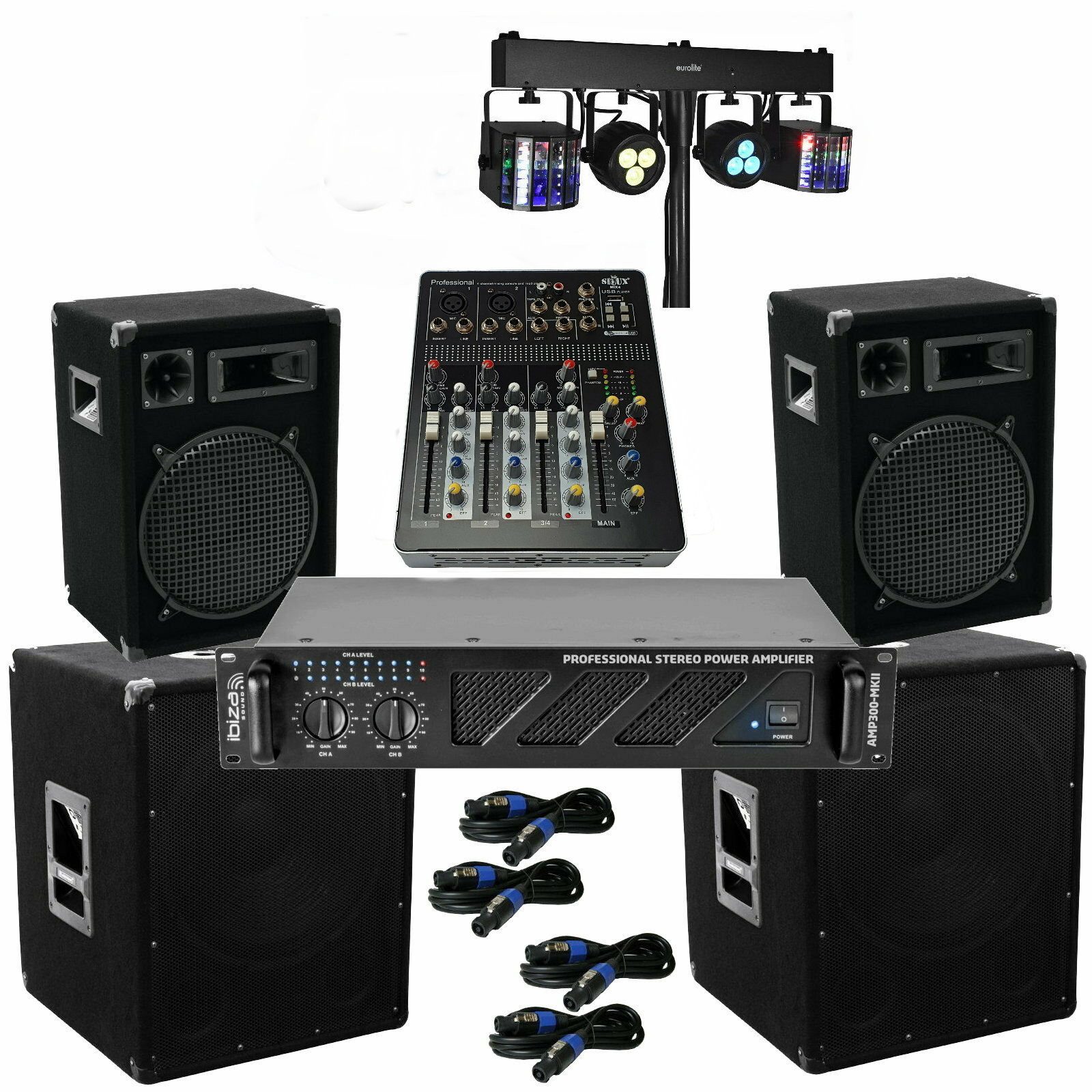 DSX 4100 Watt PA Komplett Set Mixer Anlage LED Licht Verstärke Musikanlage Party-Lautsprecher (2000 W)