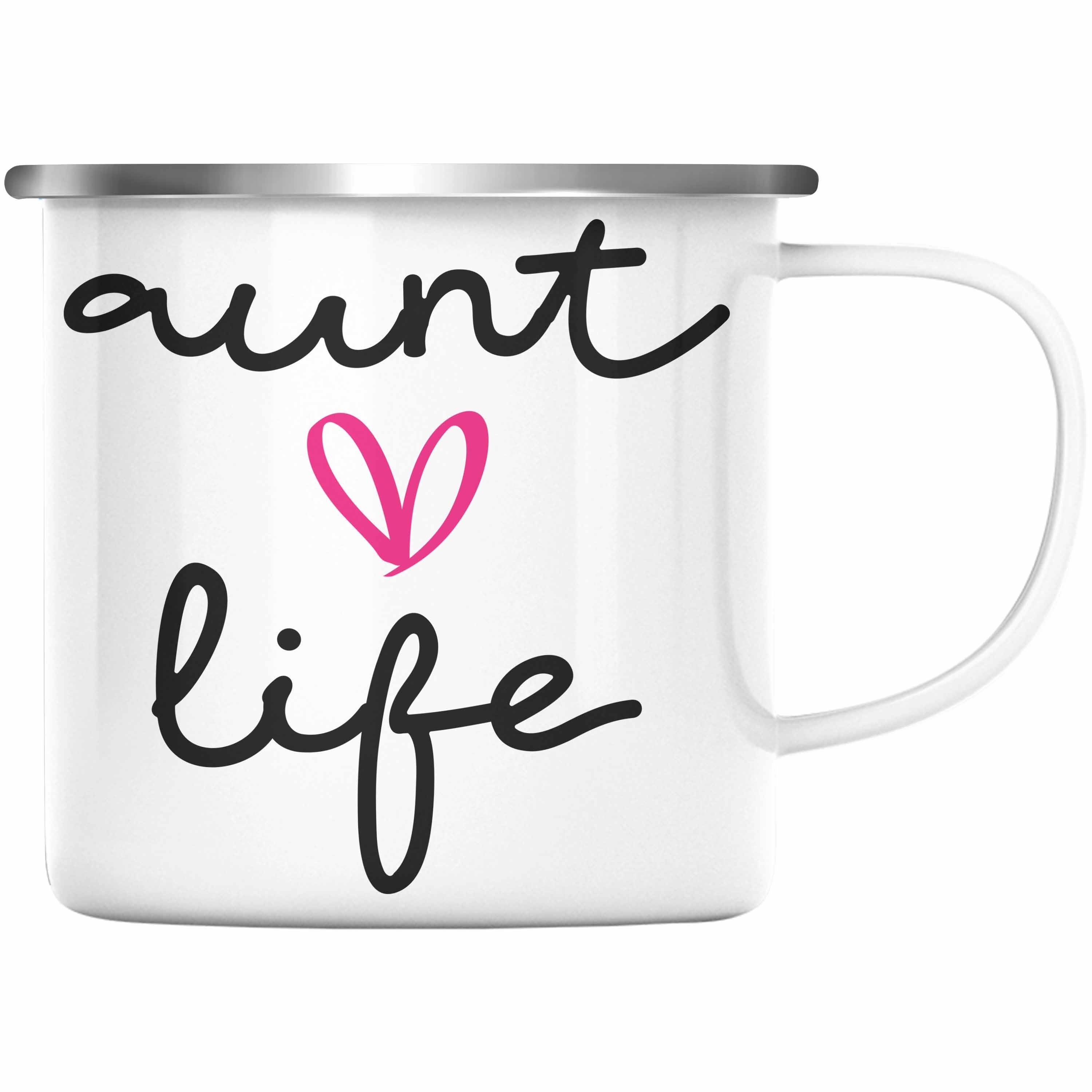 Trendation Thermotasse Trendation - Aunt Life Tante Emaille Tasse Geschenk für Beste Tante Kaffeetasse Geschenkidee Tante Geburtstag Lustig Silber