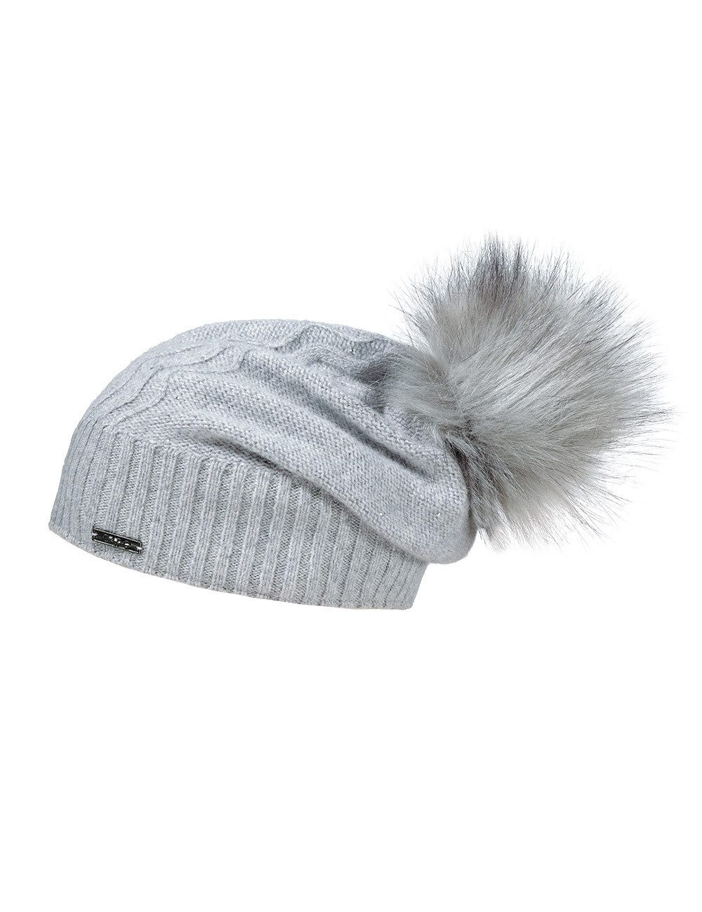CAPO Strickmütze Strickmütze, Kaschmir Strass, Kunstfellpompon, Fleecestreifen (1-St) Kaschmir
