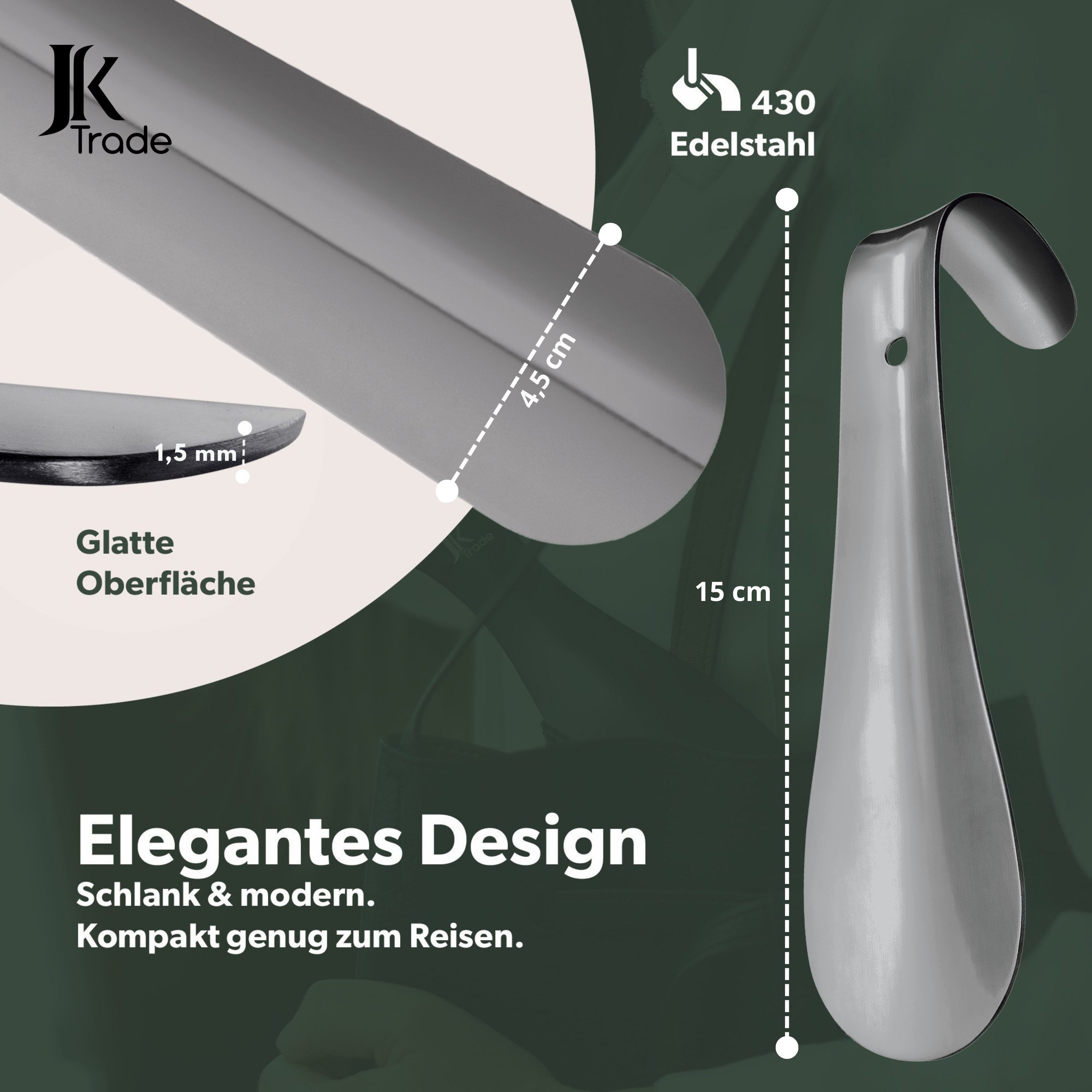 JK Trade Schuhlöffel 15cm Edelstahl Anthrazit poliert (1-tlg., klein & stabil), ideal für Reisen – Aufhängbar & hochwertig verarbeitet