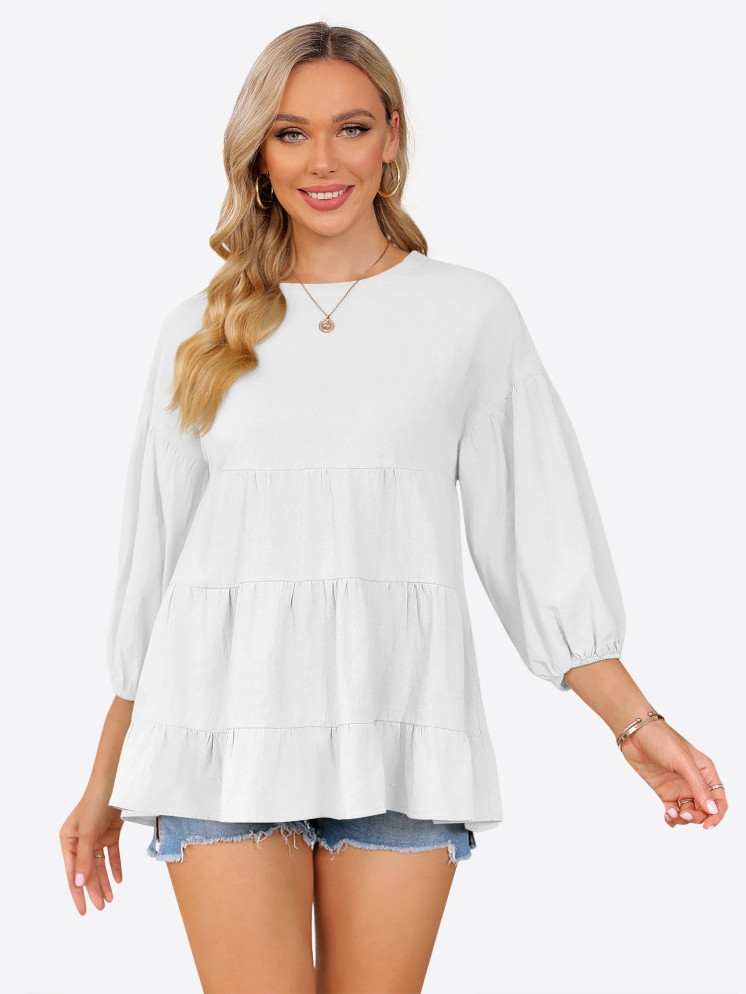 Imily Bela Blusenshirt Damen 3/4-Ärmel Puffärmel Rundhals Loose Top Babydoll (Packung, 1-tlg., 1per-Pack) aus Baumwolle in Unifarbe