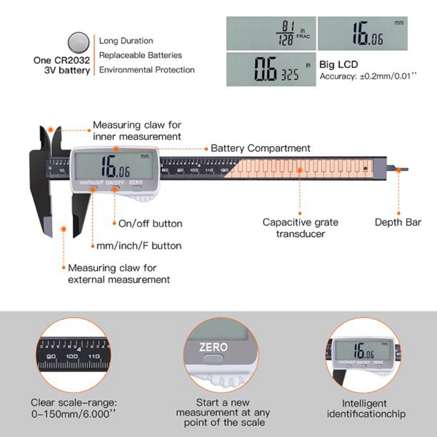 TACKLIFE Messschieber, 6" Digital Schieblehre Messlehre mit LCD Display
