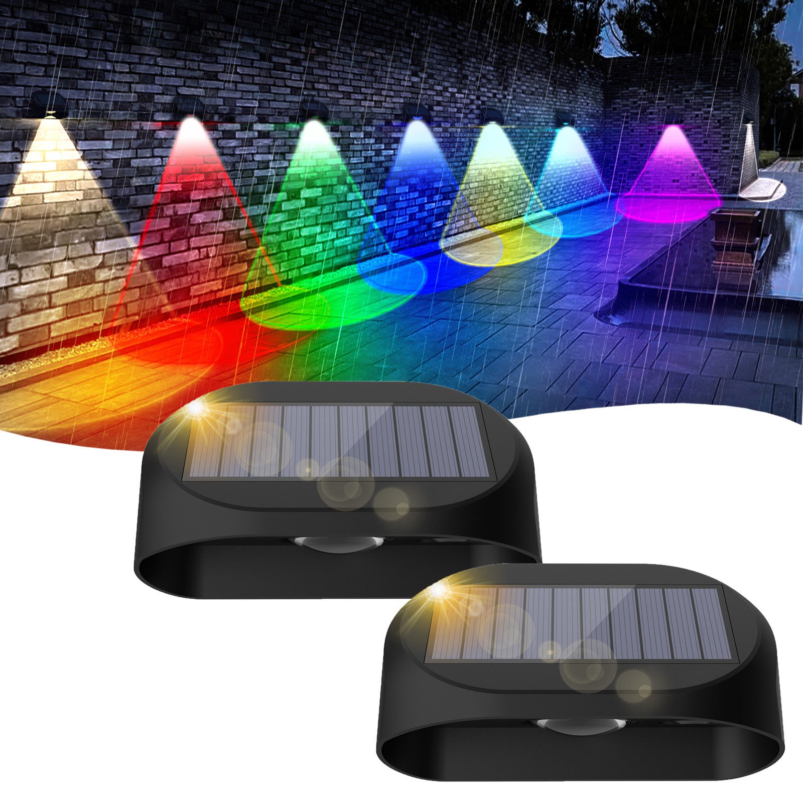 MUPOO LED Gartenleuchte 2 X LED Solarleuchten RGB Außen Treppenlicht 3 Modi, Solar Zaunleuchten, 2 Stück, IP54 Außen Solar Wandleuchte Fluter Strahler